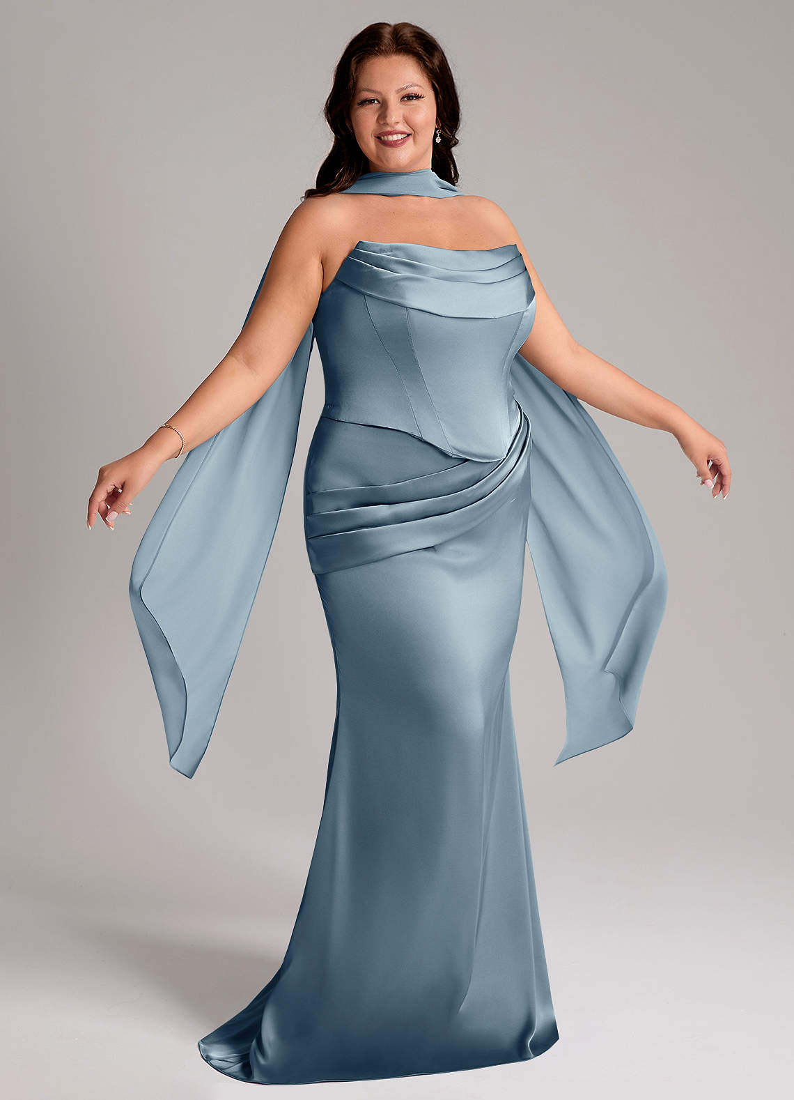 Azazie Sorrel Bridesmaid Dresses Dusty Blue Mermaid Strapless Stretch Satin Convertible Dress image8