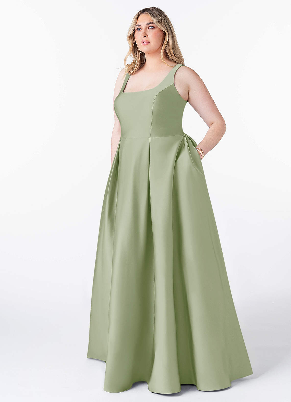 Azazie Neve Abiti da Damigella Abito Principessa in Raso Elasticizzato Con Tasche Verde Salvia image1