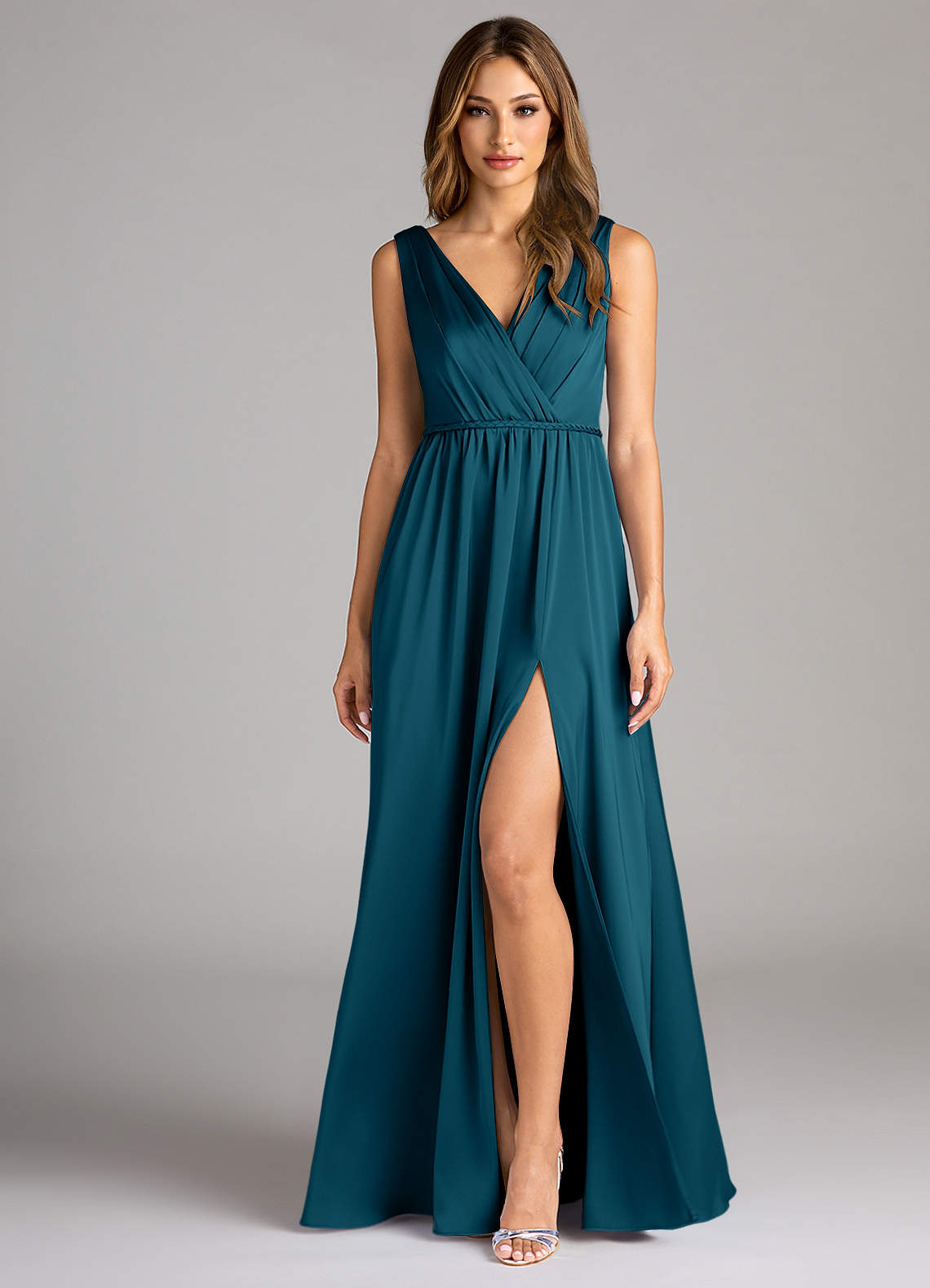 Azazie Tanicia Bridesmaid Dresses Ink Blue A-Line Pleated Stretch Satin Dress image1