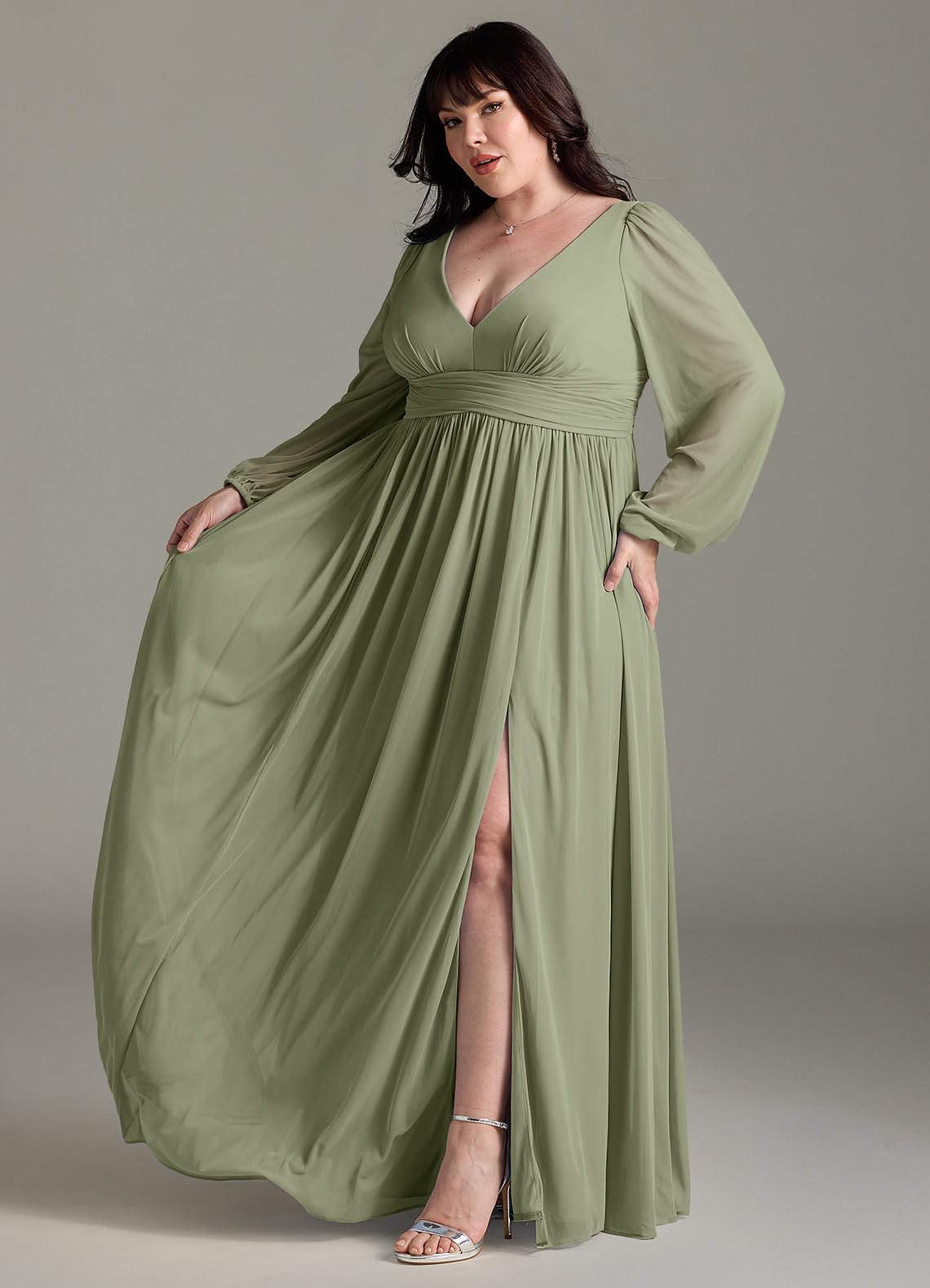 Azazie Norah Vestidos de madrinha de casamento Vestido Pistache de Chiffon de Linha A com Manga comprida image9