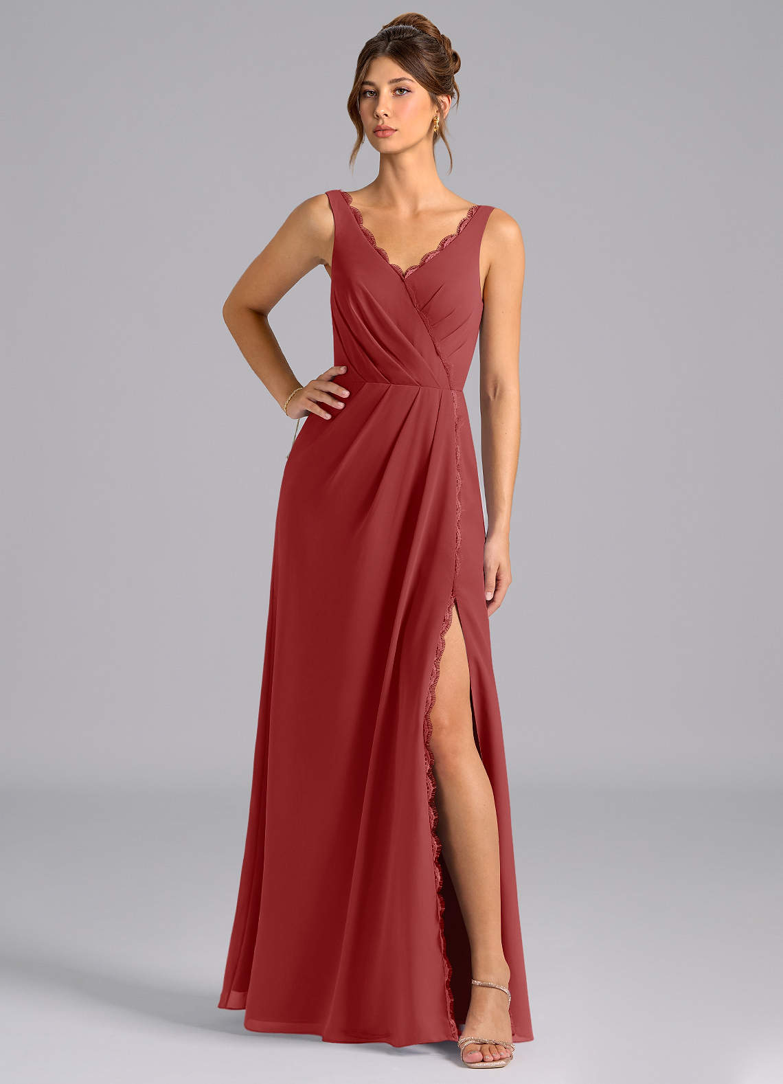 Azazie Bernice Bridesmaid Dresses Rust A-Line Pleated Chiffon Dress image1