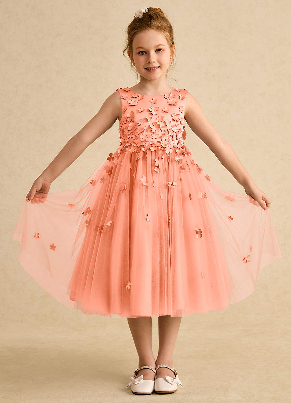 Azazie Lana Blumenmädchenkleider A-Linie ärmellos Matte Satin Kleid Sonnenuntergang image1
