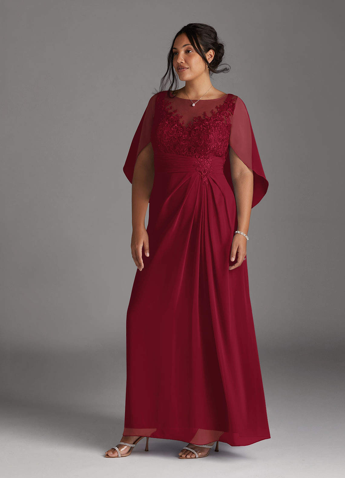 Azazie Hera Mother of the Bride Dresses Burgundy A-Line Lace Capelet Chiffon Dress image8