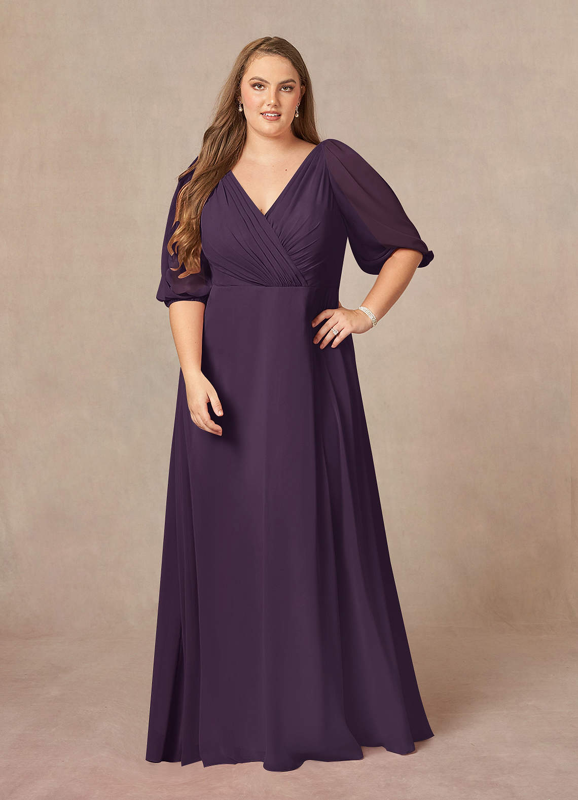 Azazie Bronwyn Mother of the Bride Dresses Plum A-Line V-Neck Ruched Chiffon Dress image1