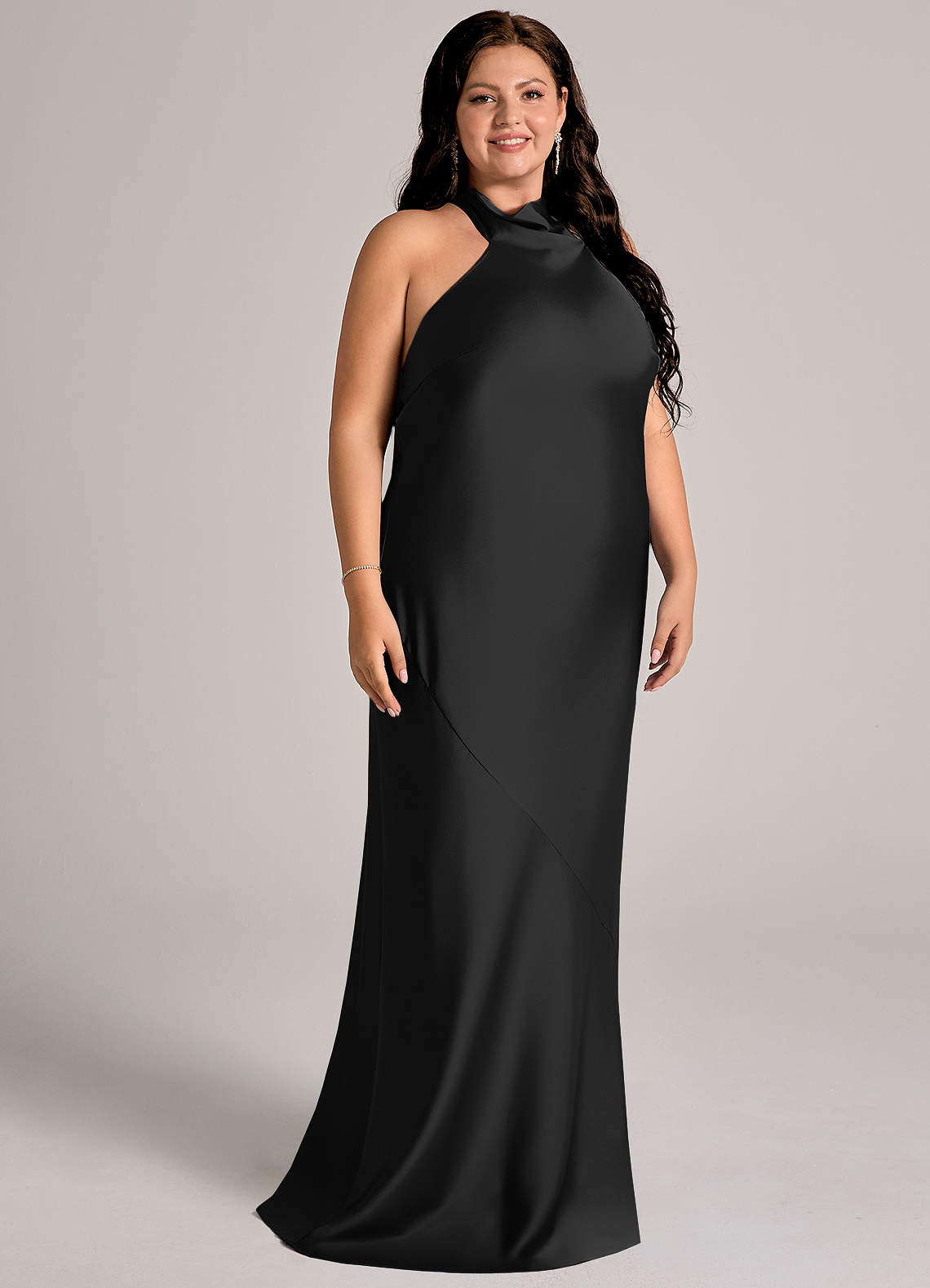 Azazie Velli Bridesmaid Dresses Black Mermaid High Neck Stretch Satin Dress image10