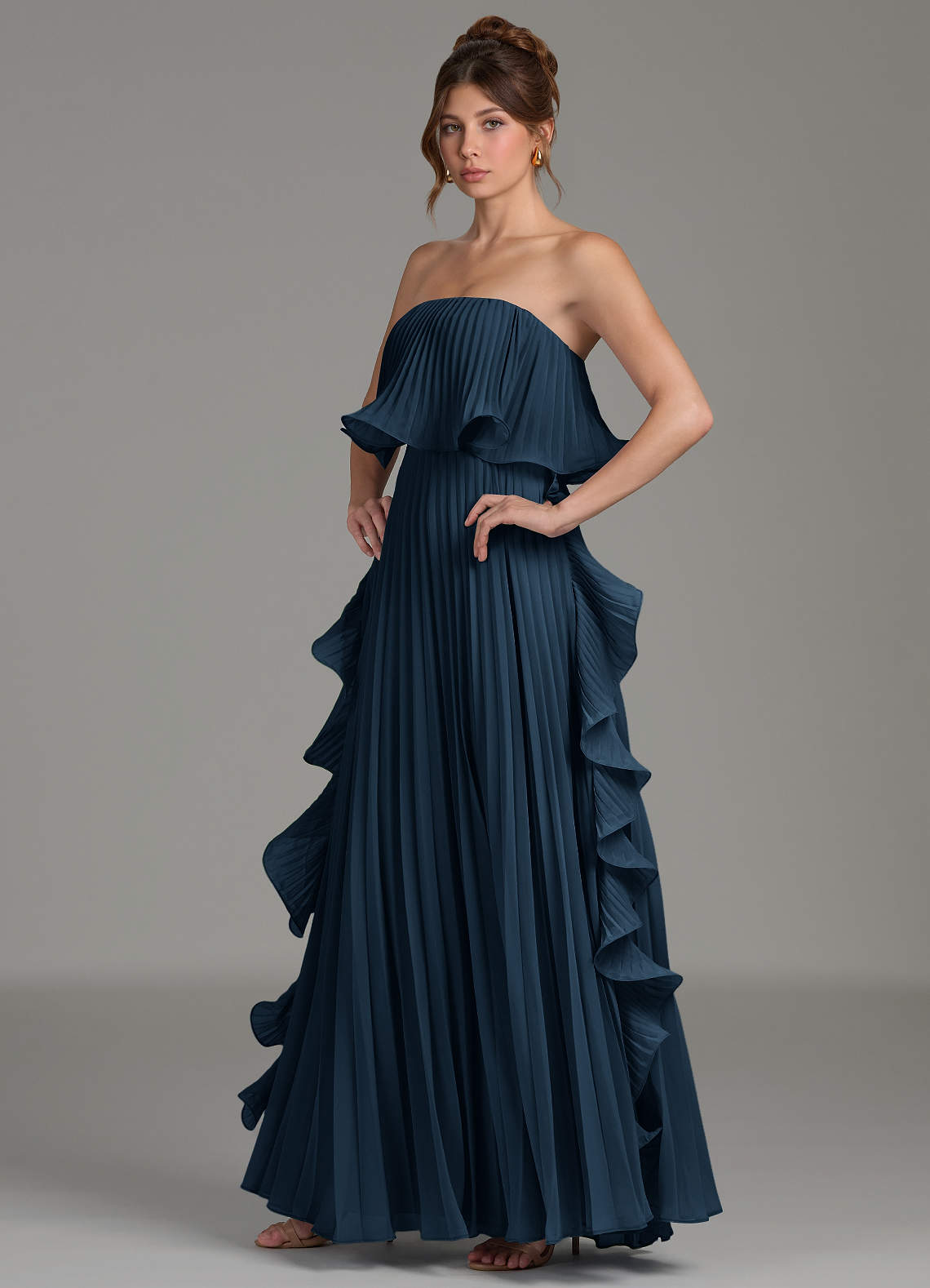 blue ruffle bridesmaid dress Azazie A-Line Strapless Floor-Length Chiffon Dresses JLUXLABEL Women's Krishna One cat_clothing Size:Pre-order Size 4 Order fabric swatches today