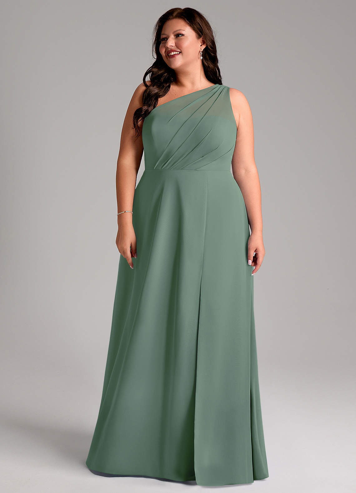 Azazie Phaedra Bridesmaid Dresses Eucalyptus A-Line One Shoulder Chiffon Dress image13