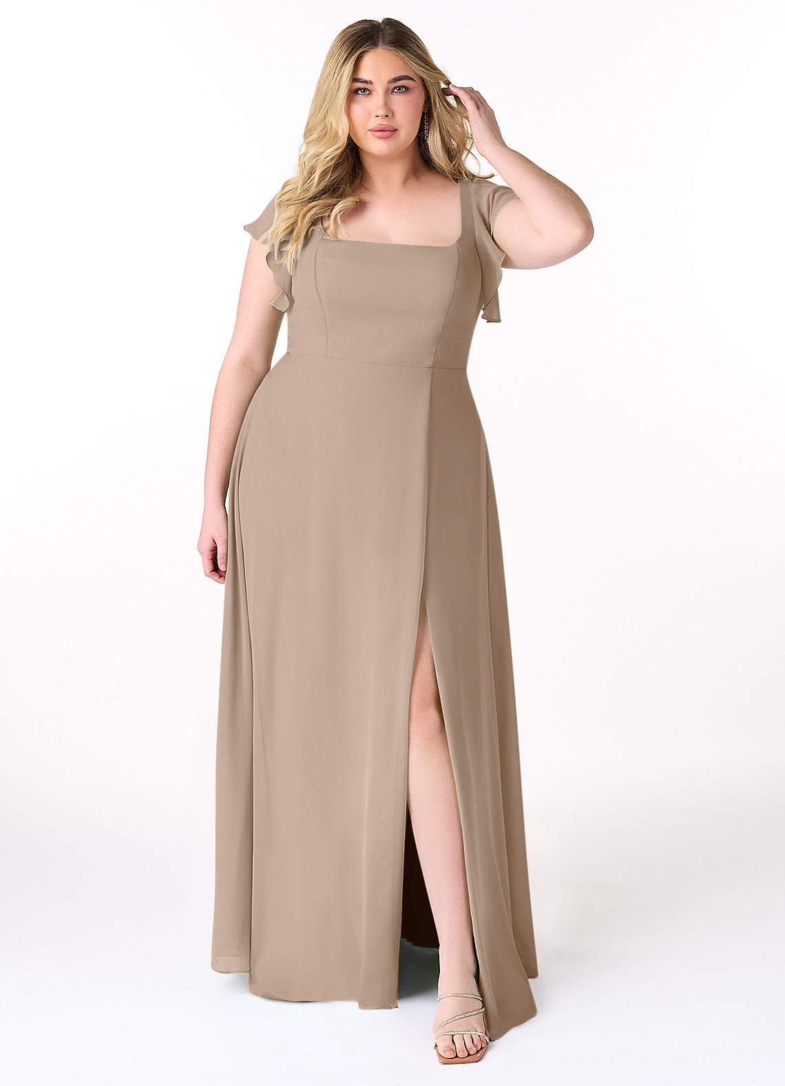 Azazie Bondi Bridesmaid Dresses Taupe A-Line Ruffled Chiffon Dress image1
