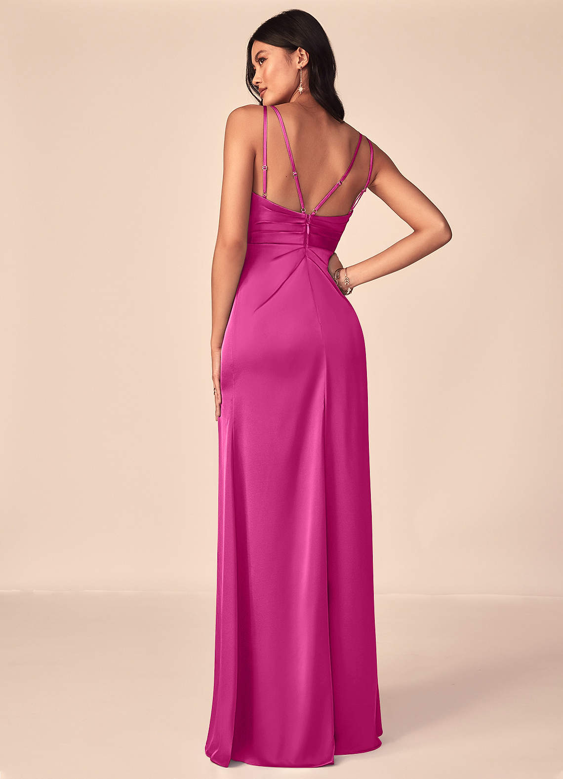 fuchsia satin dress Formal Halter Straps V-Neck Lace Up Back Stretch Formal Dress With Slit while the bold slit adds a daring touch Fuchsia satin dress with a