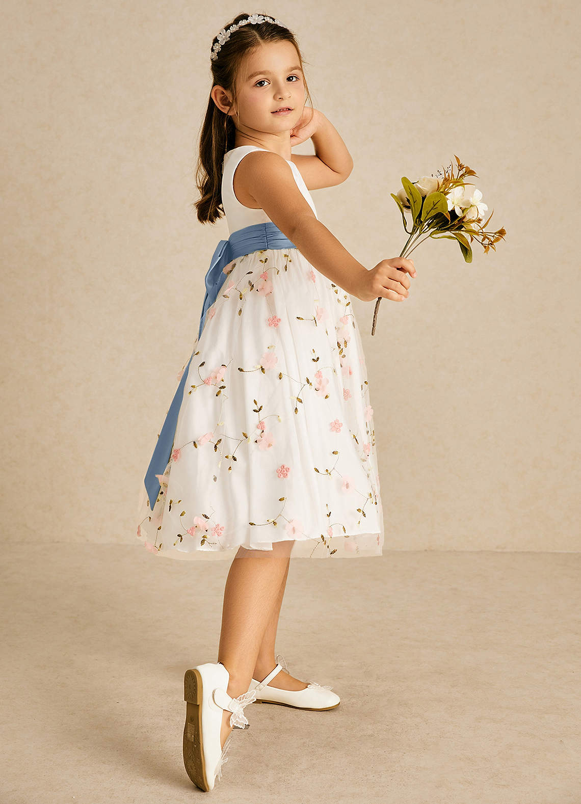 Azazie Pollie Flower Girl Dresses Blushing Pink Dusty Blue A-Line Bow Tulle Dress image2