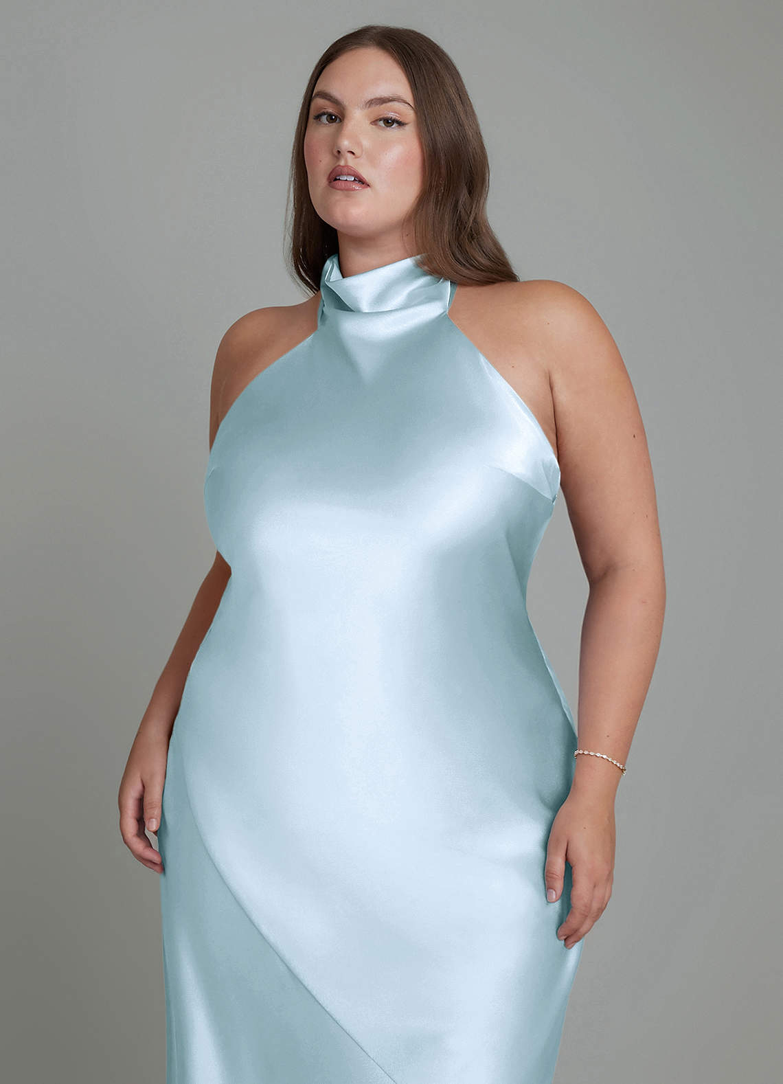 Azazie Velli At-home Try On Dresses Sky Blue Sheath High Neck Metallic Satin Dress image8