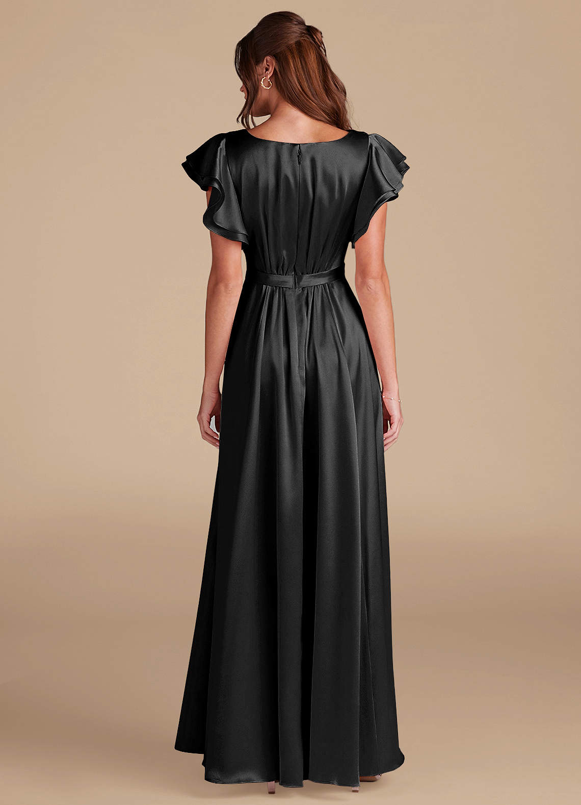 Azazie Daphne Modest Bridesmaid Dresses A-Line Ruched Metallic Satin Floor-Length Dress image1