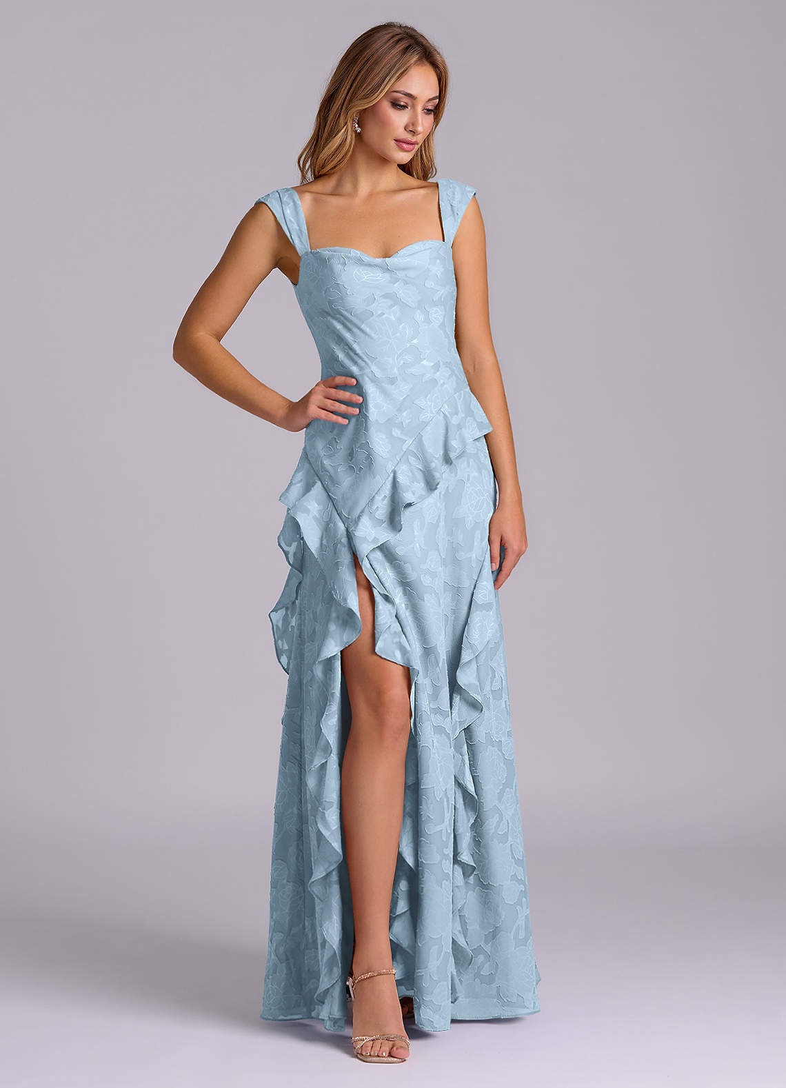 Azazie Sloane Bridesmaid Dresses Sky Blue A-Line Sweetheart Neckline Floral Burnout Dress image3