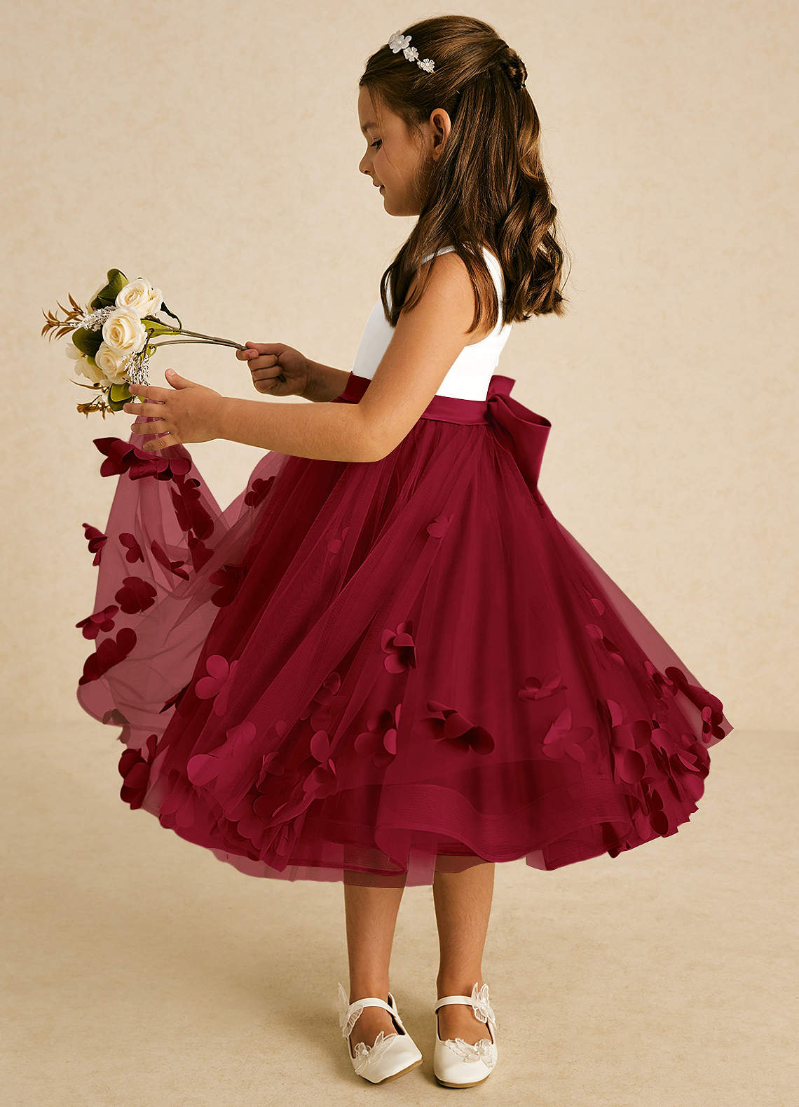 Azazie Sprout Flower Girl Dresses Burgundy A-Line Bow Tulle Dress image3