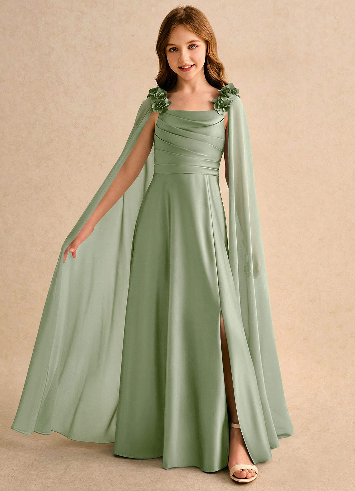 Azazie Rosita Girls Formal Flower Girl Dresses Dusty Sage A-Line Pleated Stretch Satin Dress image2