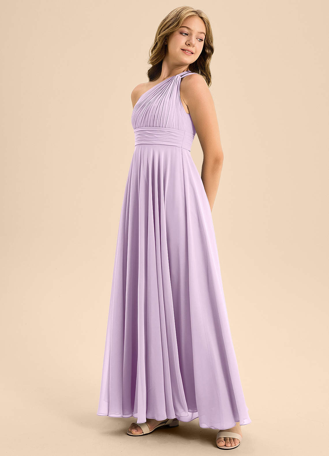 Azazie Charlize Junior Vestido Lilás Fosco de Chiffon de Linha A com Plissado image3