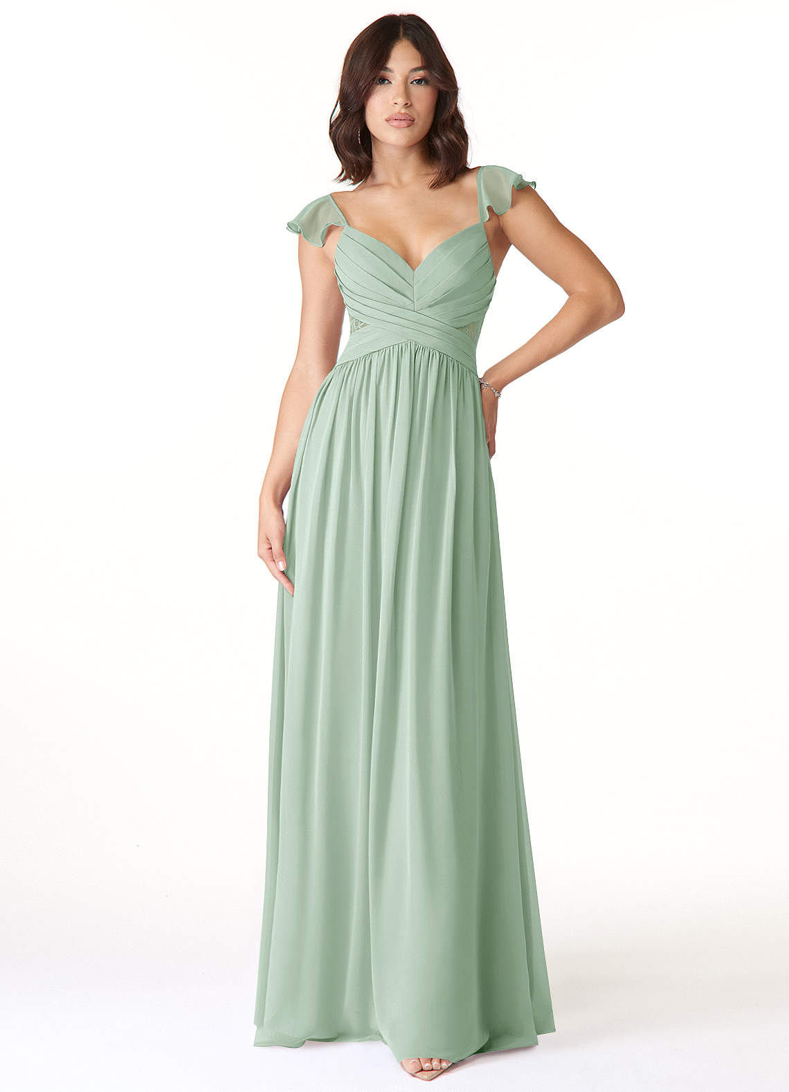Azazie Lissa Bridesmaid Dresses Agave A-Line Lace Chiffon Dress image1