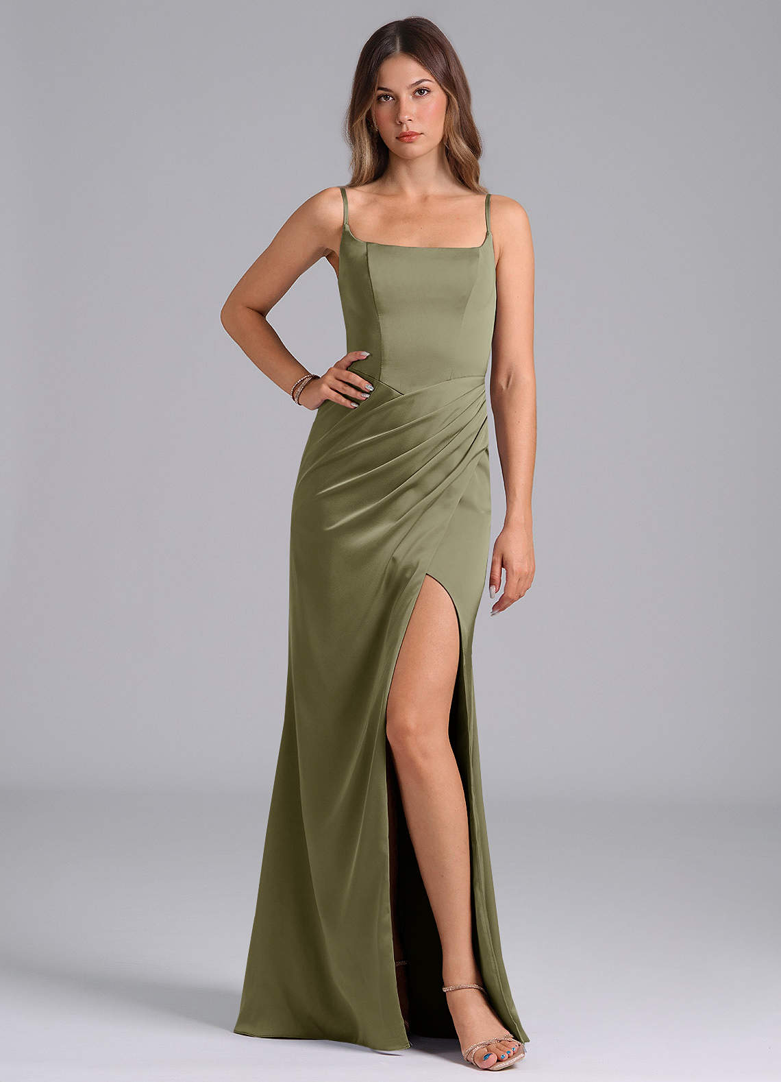 Azazie Donielle Robes de demoiselle d'honneur Robe Sirène en Satin extensible Corset Pistache image1