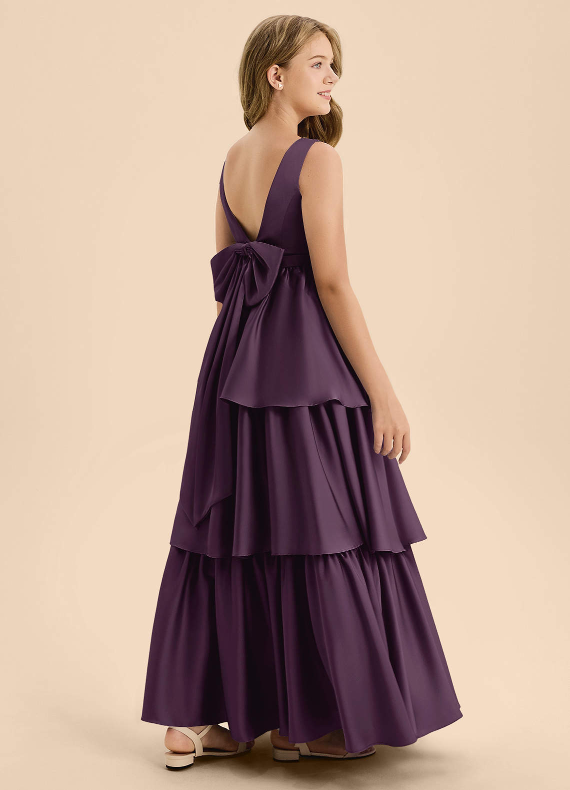 Azazie Meadowyn Junior Plum A-Line Bow Stretch Satin Dress image1