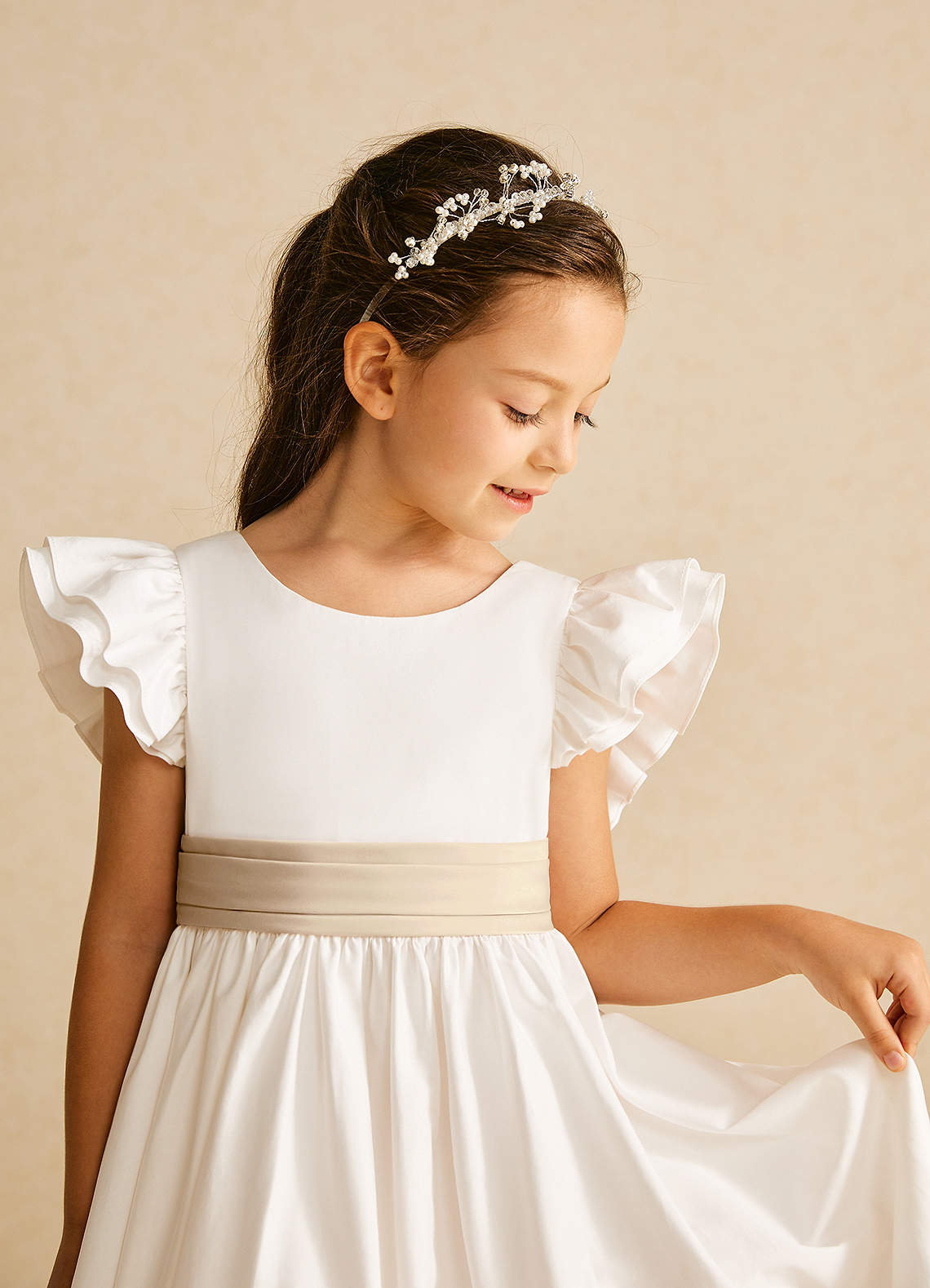 Azazie Aero Flower Girl Dresses Ivory Champagne A-Line Pleated Cotton Dress image2