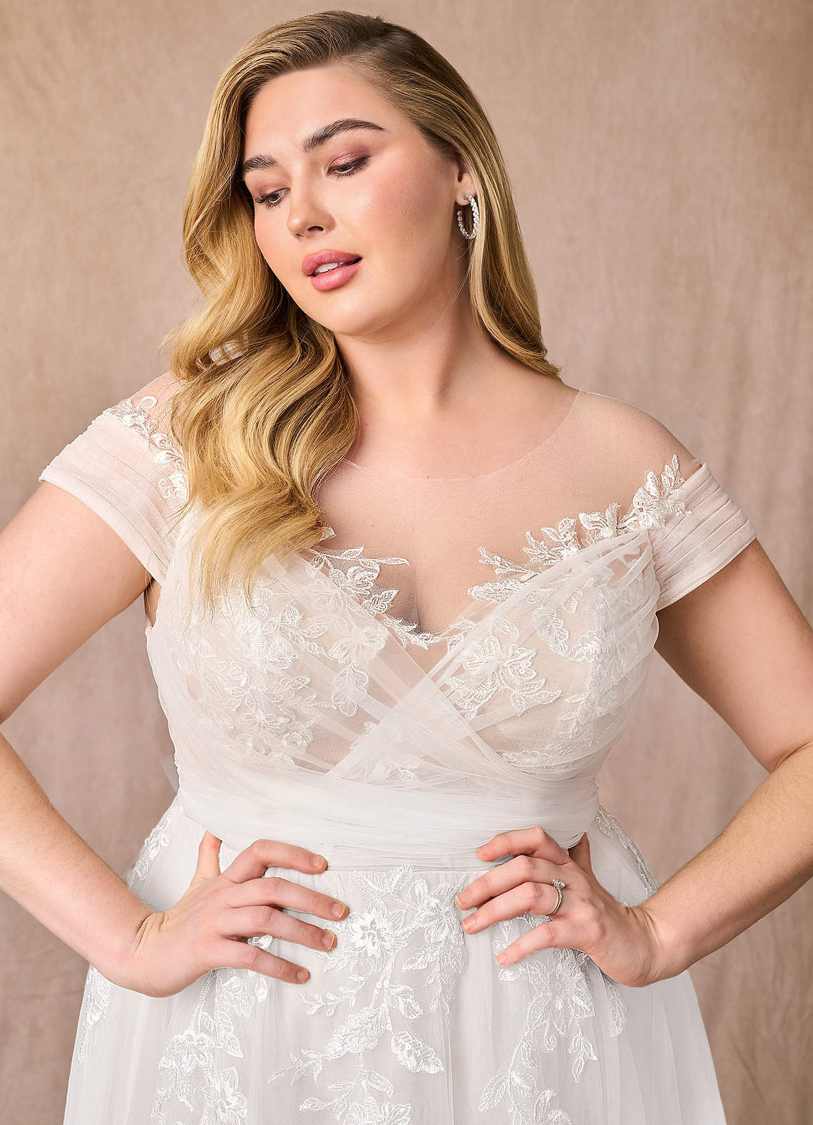 Azazie Cindy Wedding Dresses Diamond White A-Line Illusion Off-The-Shouler Lace Tulle Dress image3