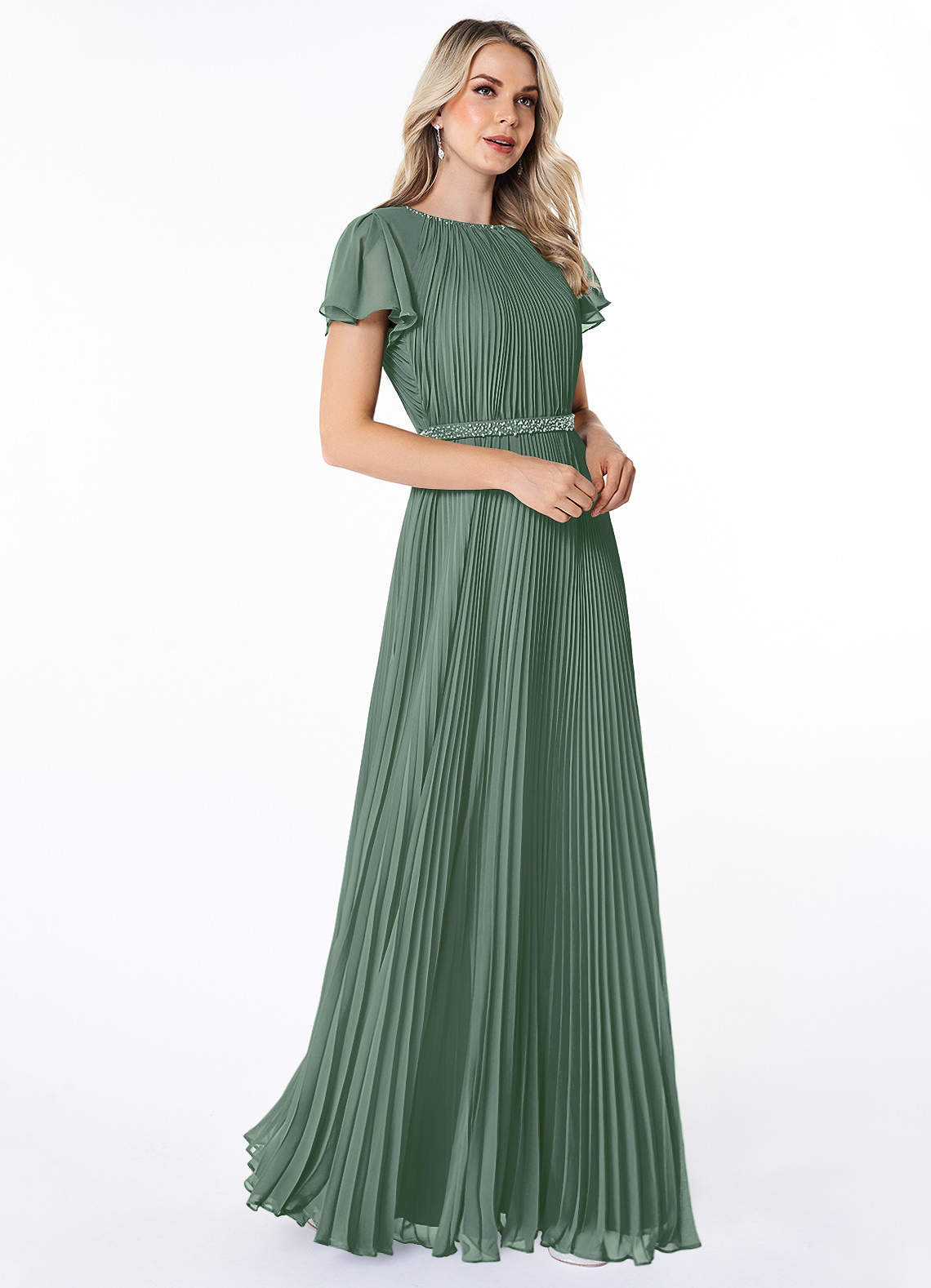 Azazie Kara Modest Bridesmaid Dresses A-Line Pleated Chiffon Floor-Length Dress image2