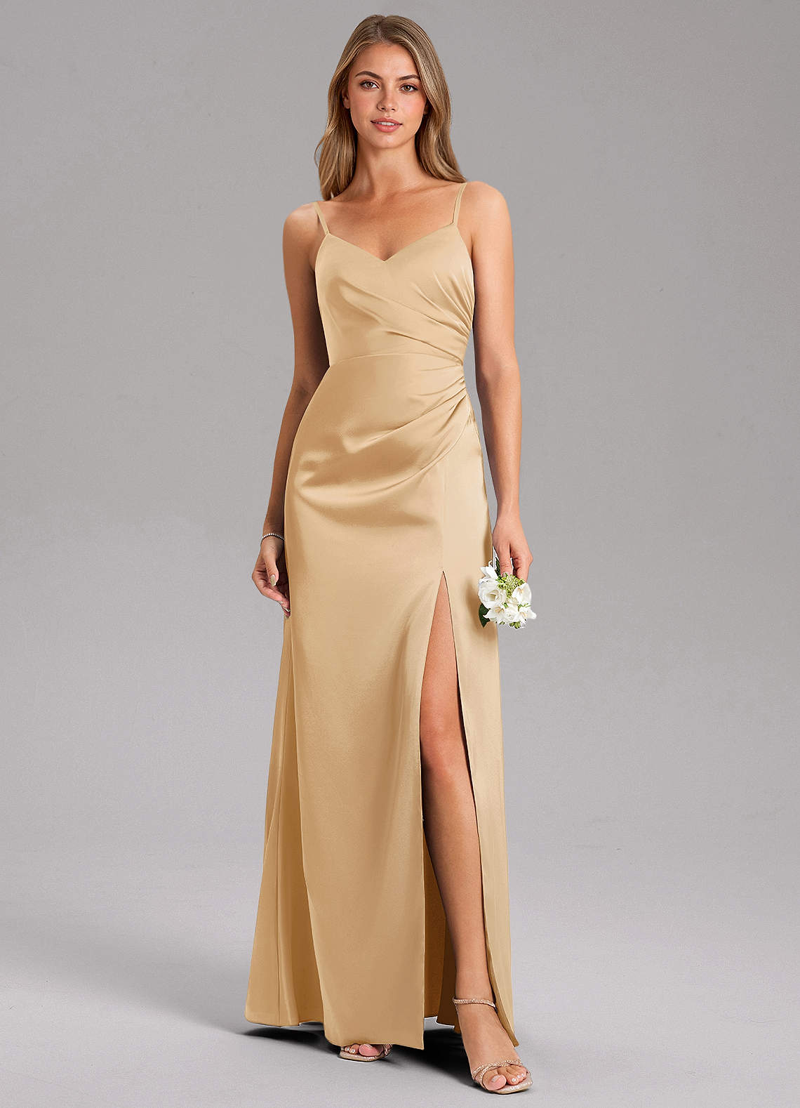 Azazie A-Line V-Neck Floor-Length Stretch Satin Bridesmaid Dresses - Gold
