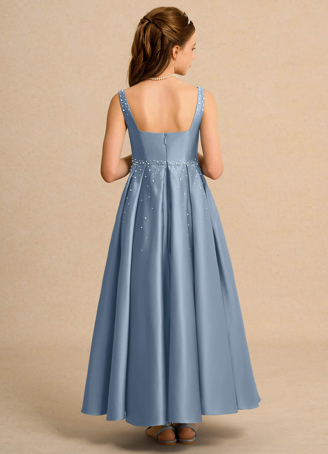 Azazie Mochi Girl Junior Formal Flower Girl Dresses Dusty Blue Ball-Gown Pleated Matte Satin Dress image1