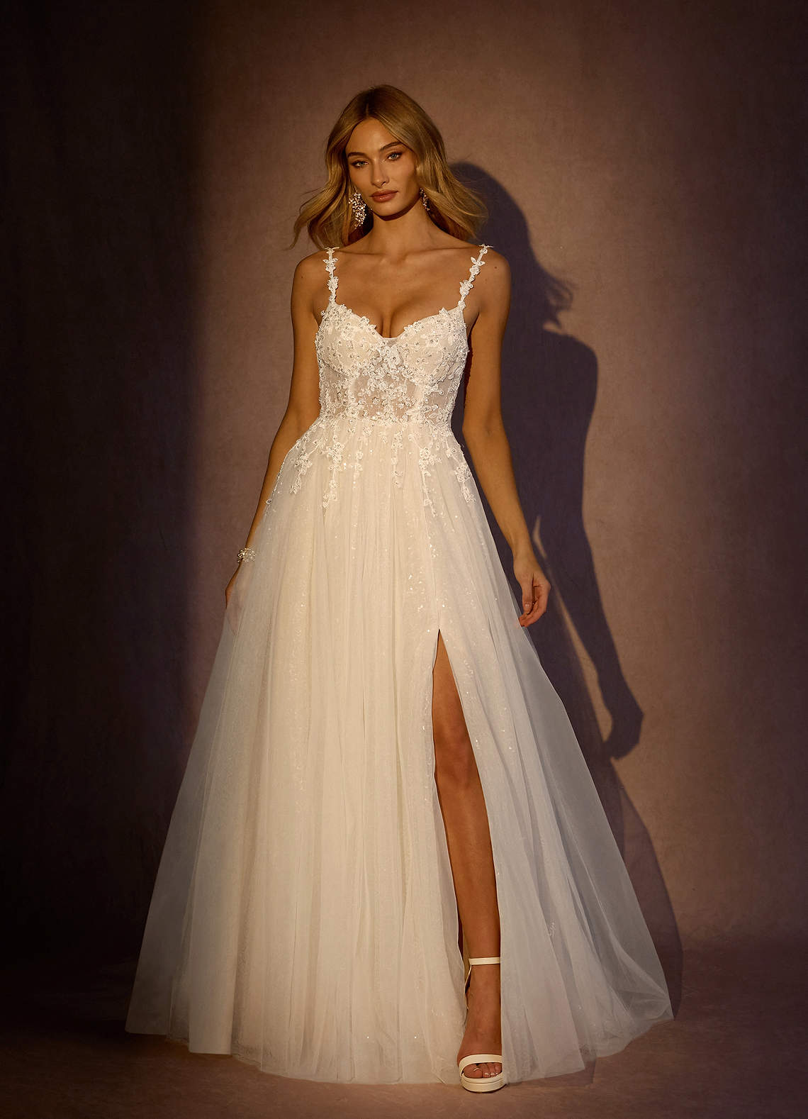Azazie Florian Wedding Dresses Diamond White Champagne A-Line V-Neck Sequins Tulle Dress image3