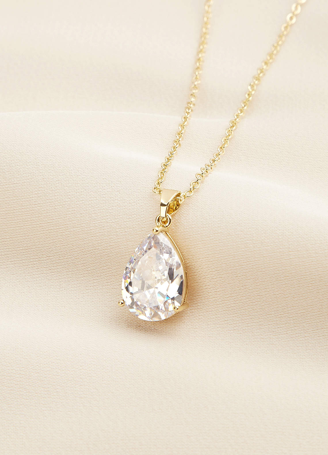 front Crystal Solitaire Teardrop Necklace