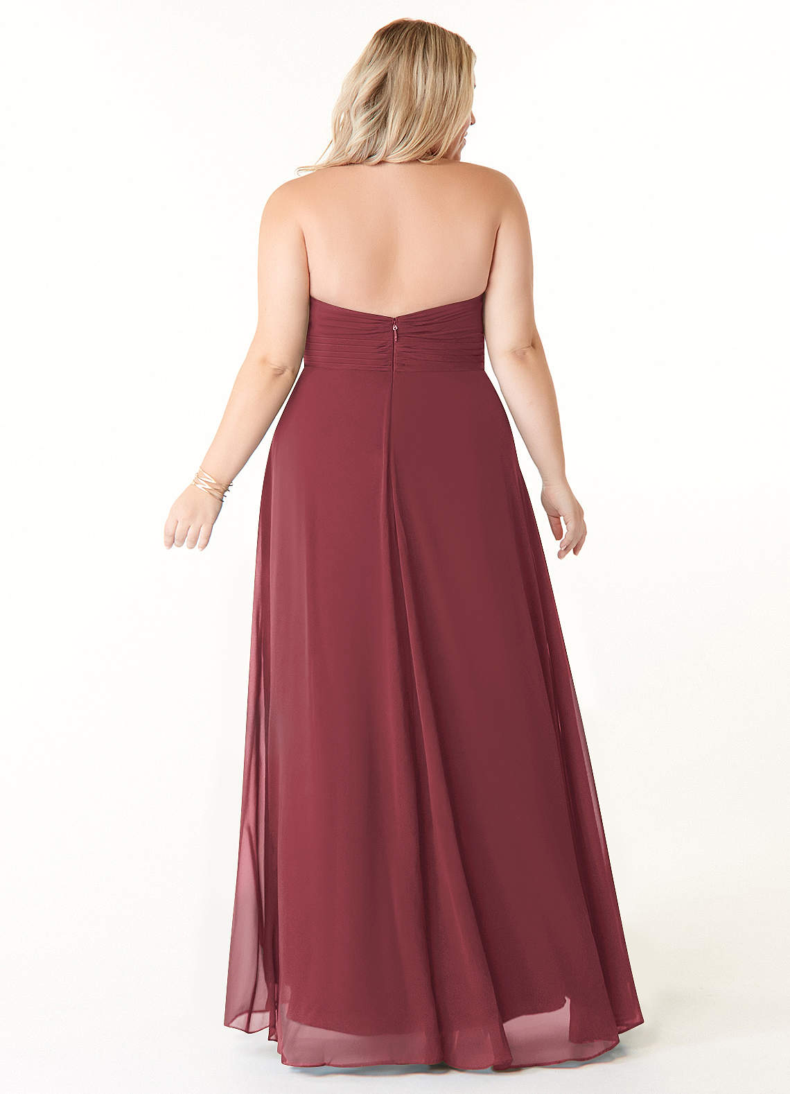 Azazie Tessie Vestidos de damas de honor Vestido de Merlot de Gasa de Corte en A con Cuello en V plisado image6