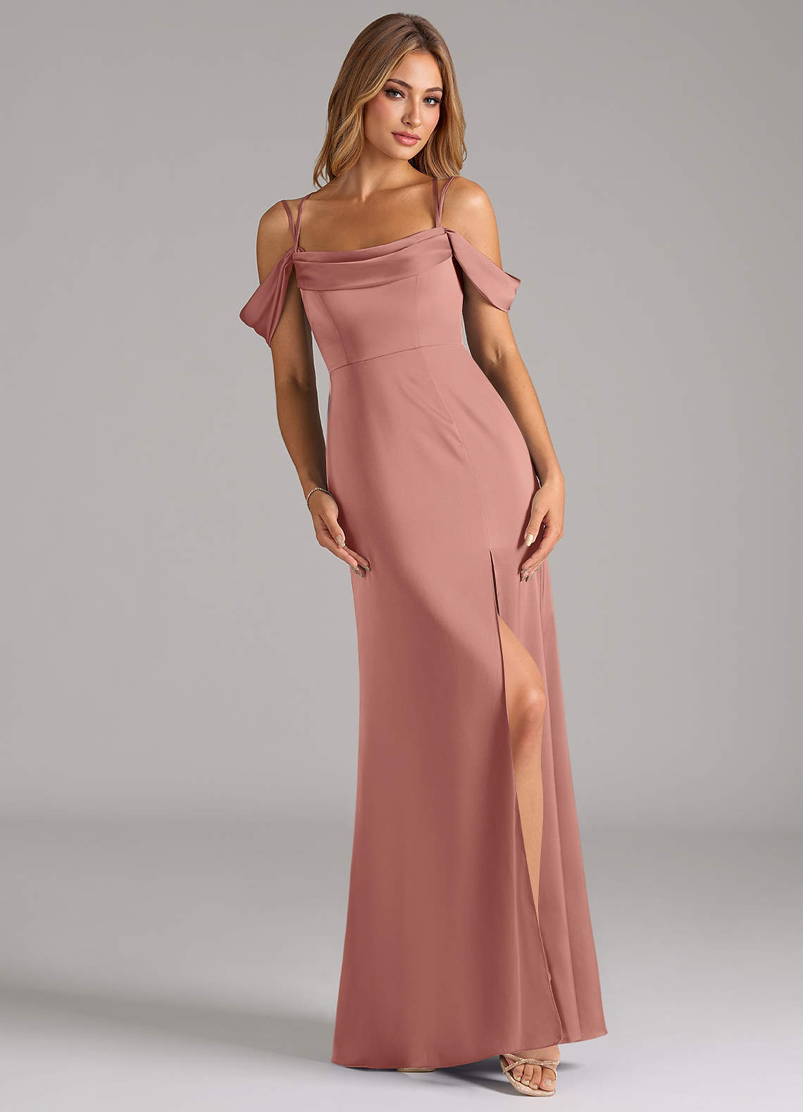 Azazie Callan Bridesmaid Dresses Rosette A-Line Pleated Stretch Satin Convertible Dress image1