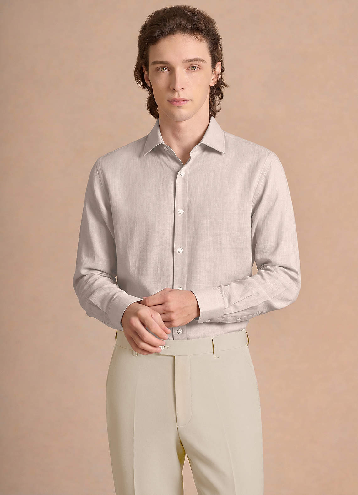 front Grant Cream Linen Blend Dress Shirt