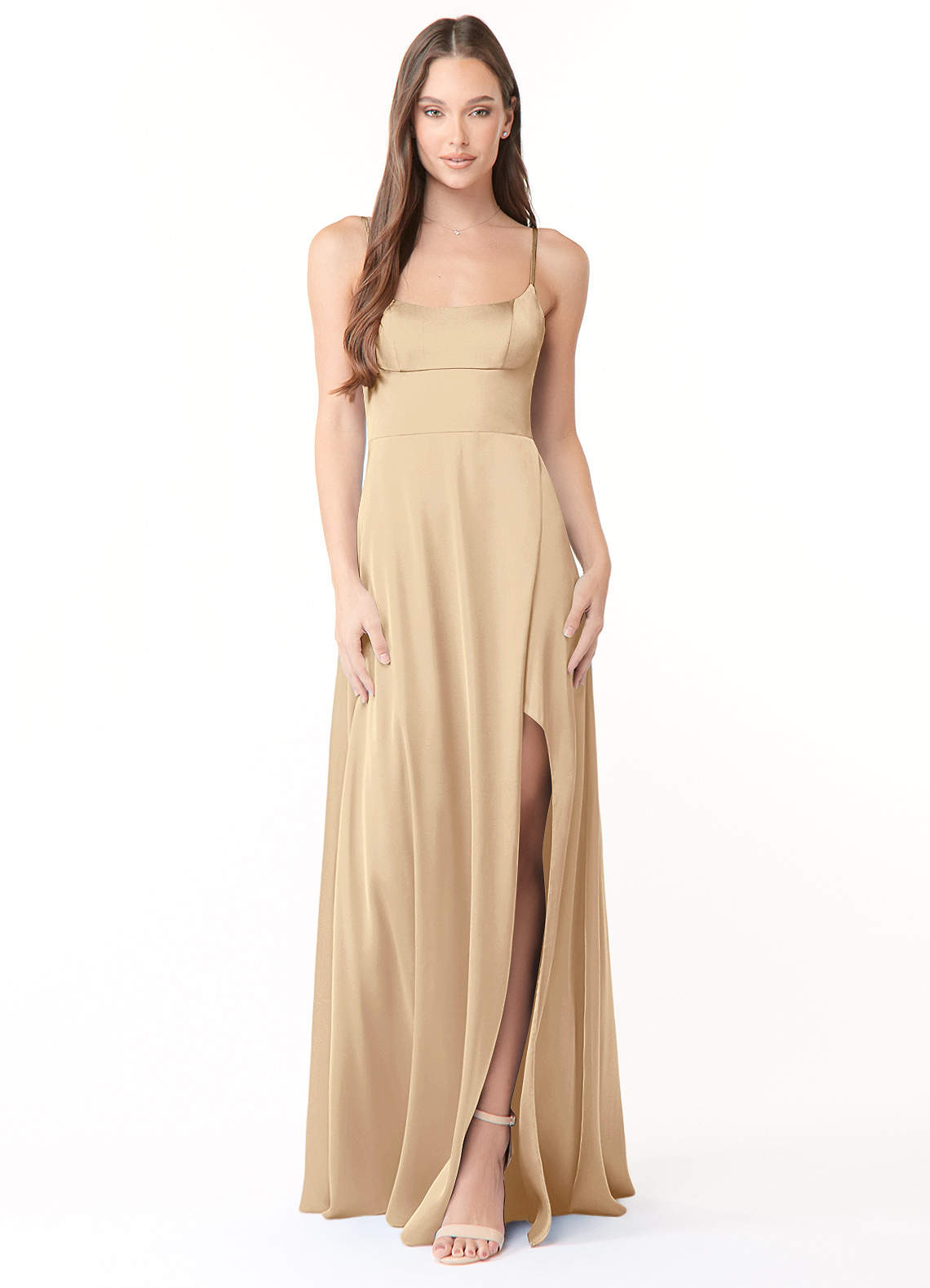 Azazie Halsey Brautjungfernkleider Etui Seitliche Cut-Outs Stretch-Satin Kleid Champagner image1