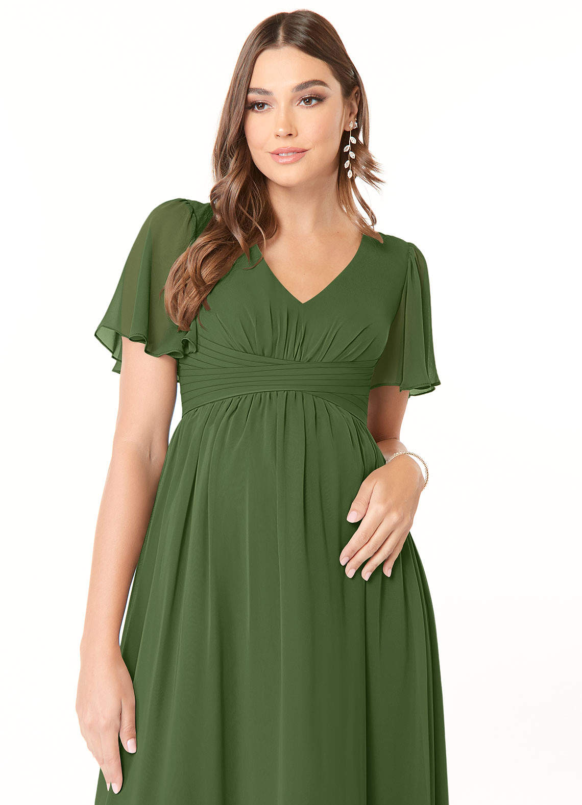 Azazie Verna vestidos de dama de honor de maternidad Vestido de Corte en A Cuello en V fruncido Hasta el suelo Gasa image4