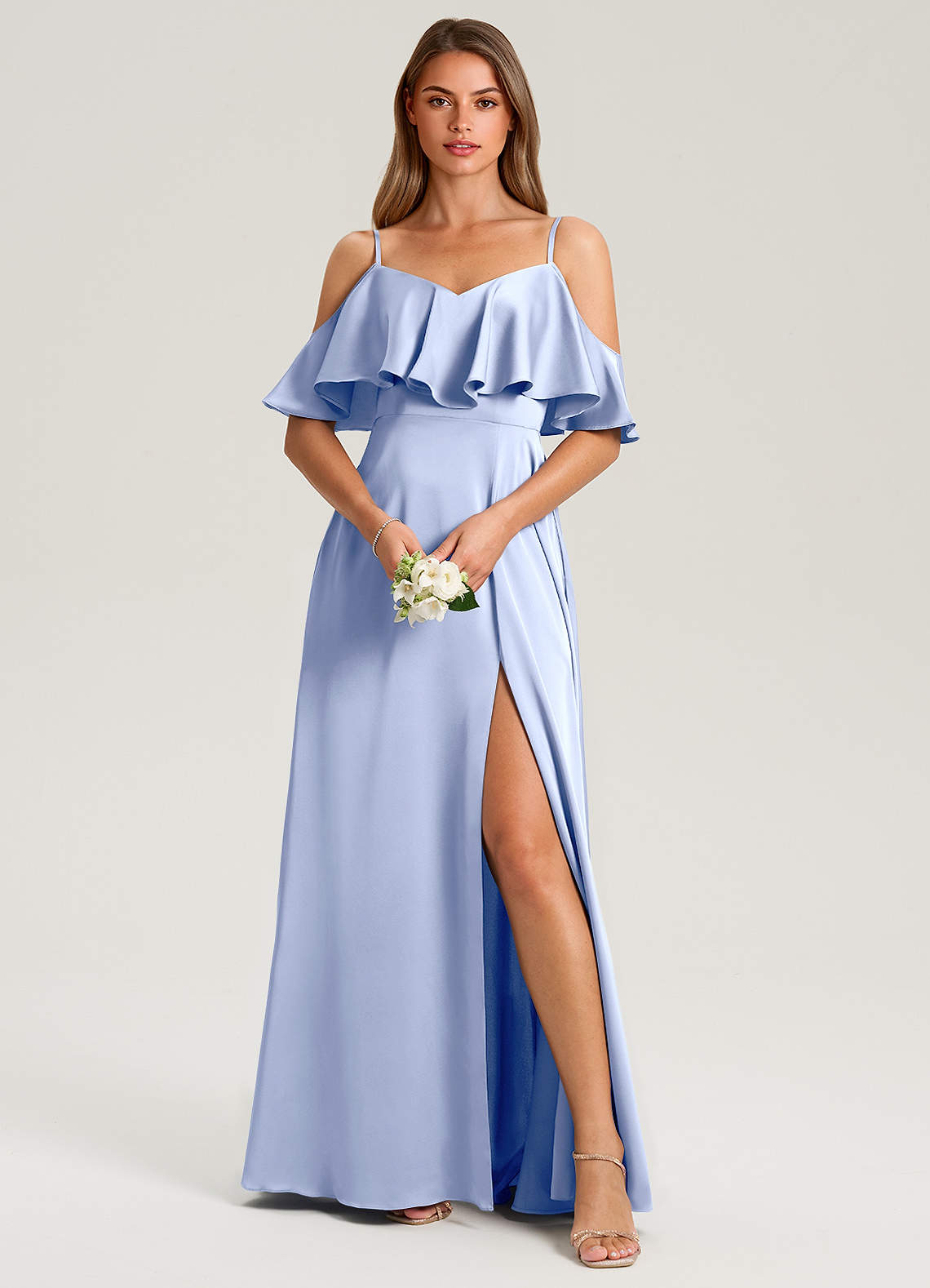 Azazie Jean Bridesmaid Dresses Ice A-Line Off the Shoulder Stretch Satin Dress image1