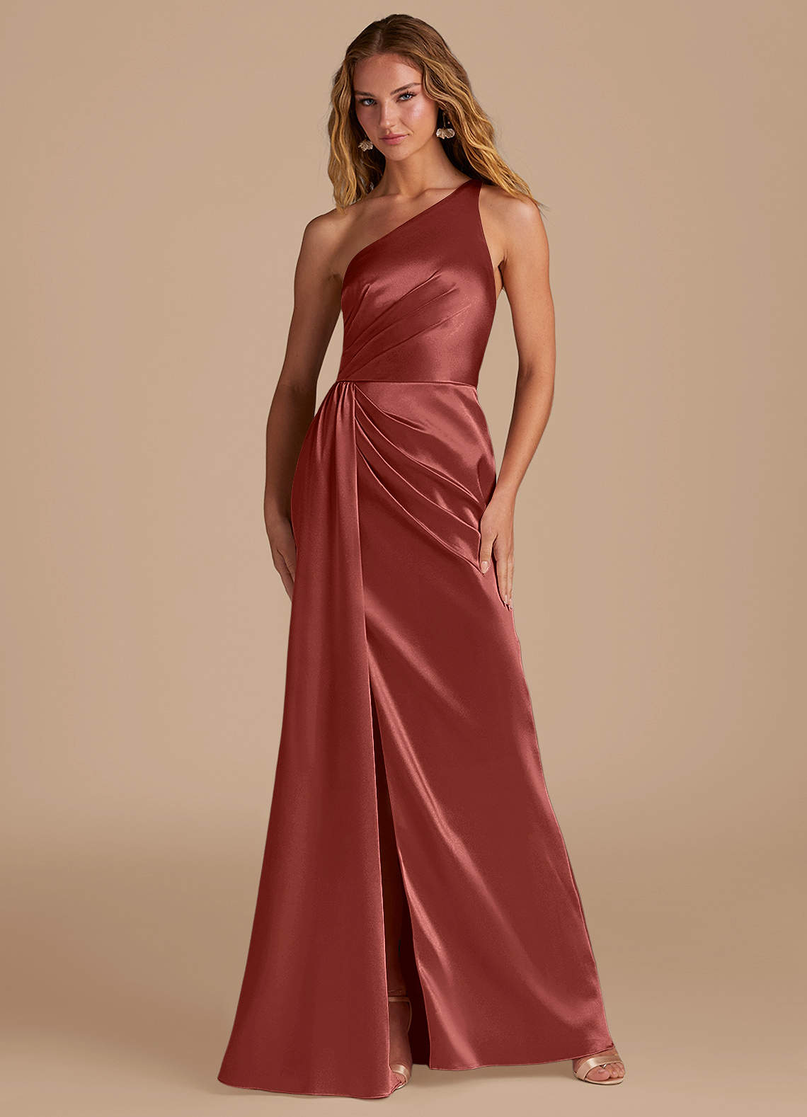 Azazie Mika Bridesmaid Dresses Terracotta Sheath One Shoulder Metallic Satin Dress image1