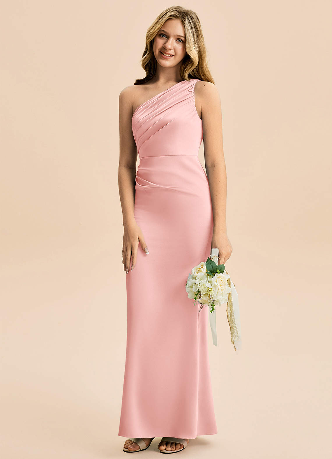 Azazie Akilah Junior Powder Pink Sheath Pleated Stretch Satin Dress image4