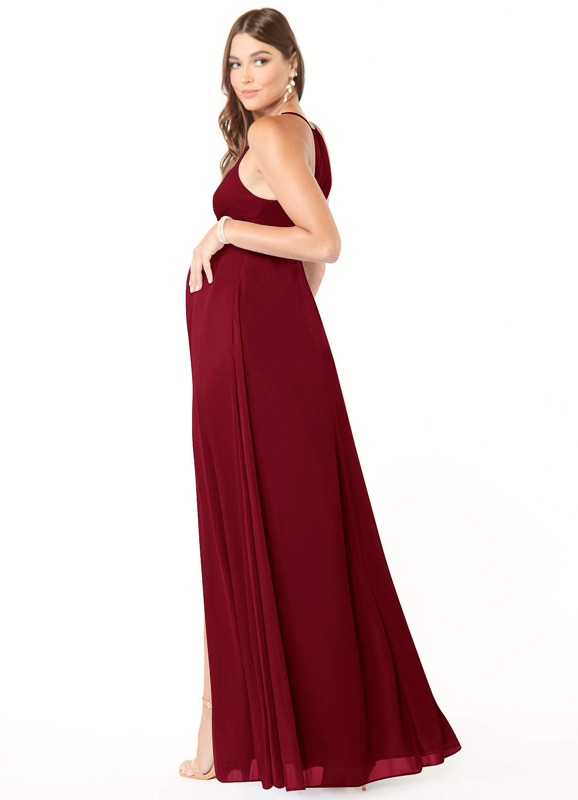 Azazie Annabelle vestidos de dama de honor de maternidad Vestido de Corte En A Cuello en V plisado Hasta el suelo Malla image4