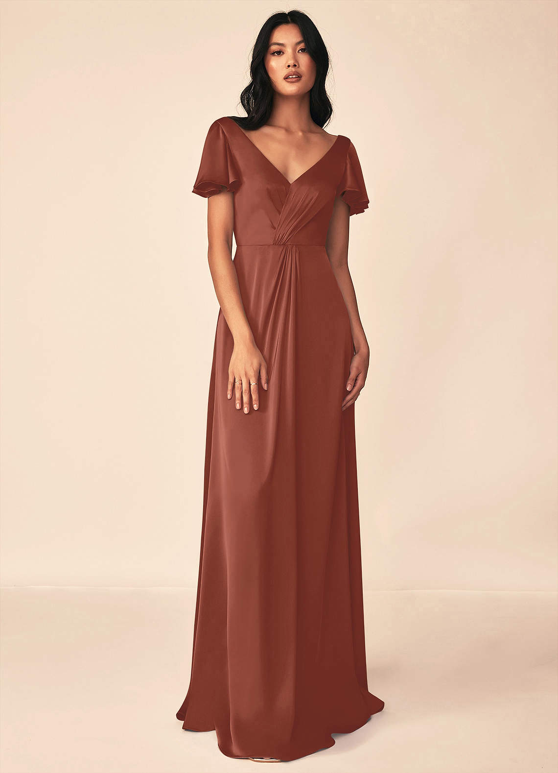 Azazie Soren Bridesmaid Dresses Auburn A-Line Pleated Stretch Satin Dress image1