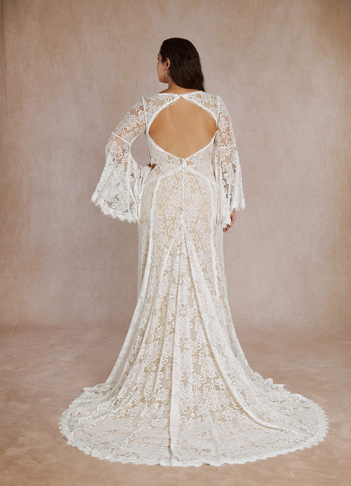 Azazie Hayes At-home Try On Dresses Diamond White Champagne Mermaid V-Neck Lace Dress image9