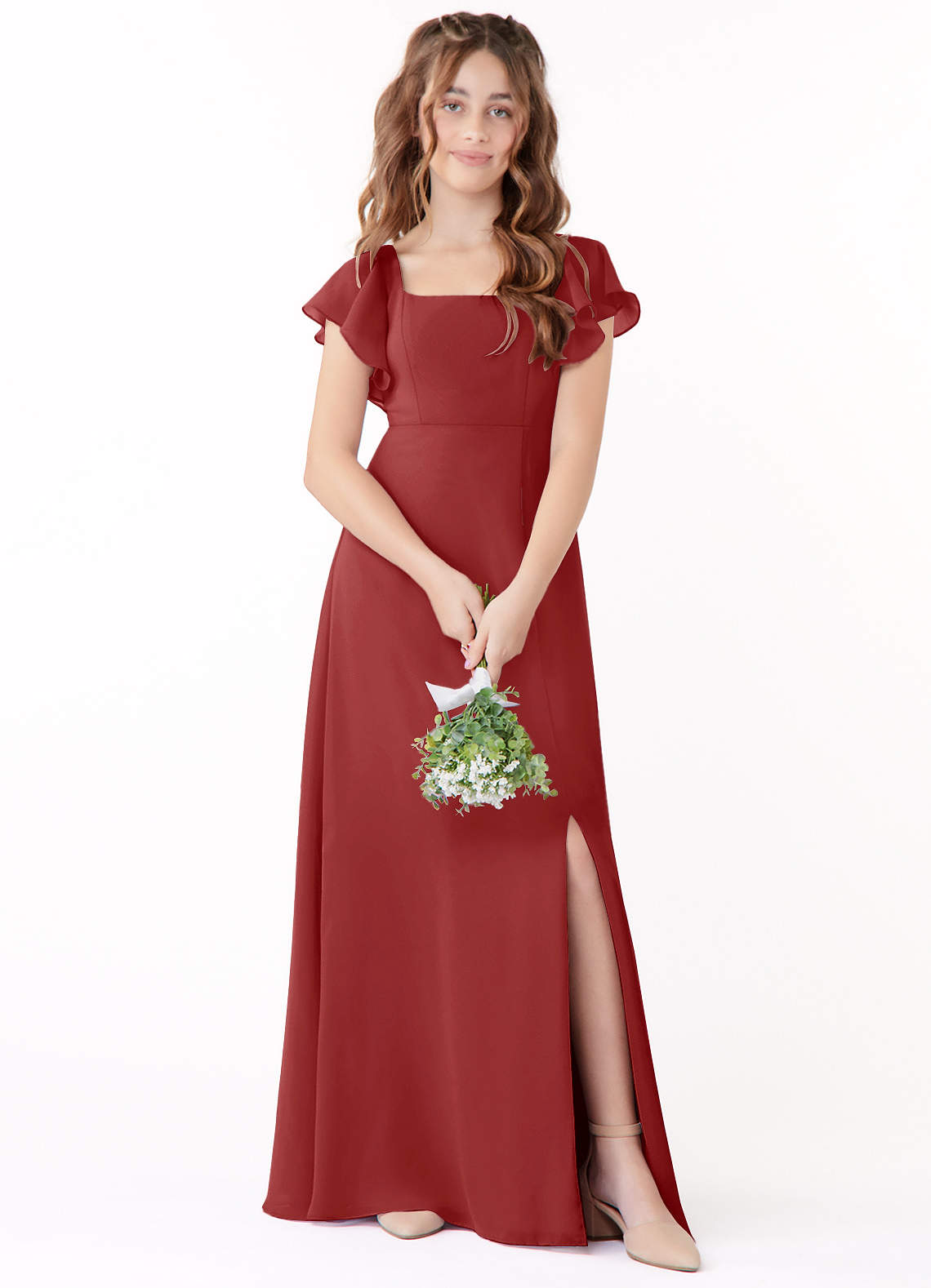 Azazie Bondi Junior Rust A-Line Bow Chiffon Dress image1