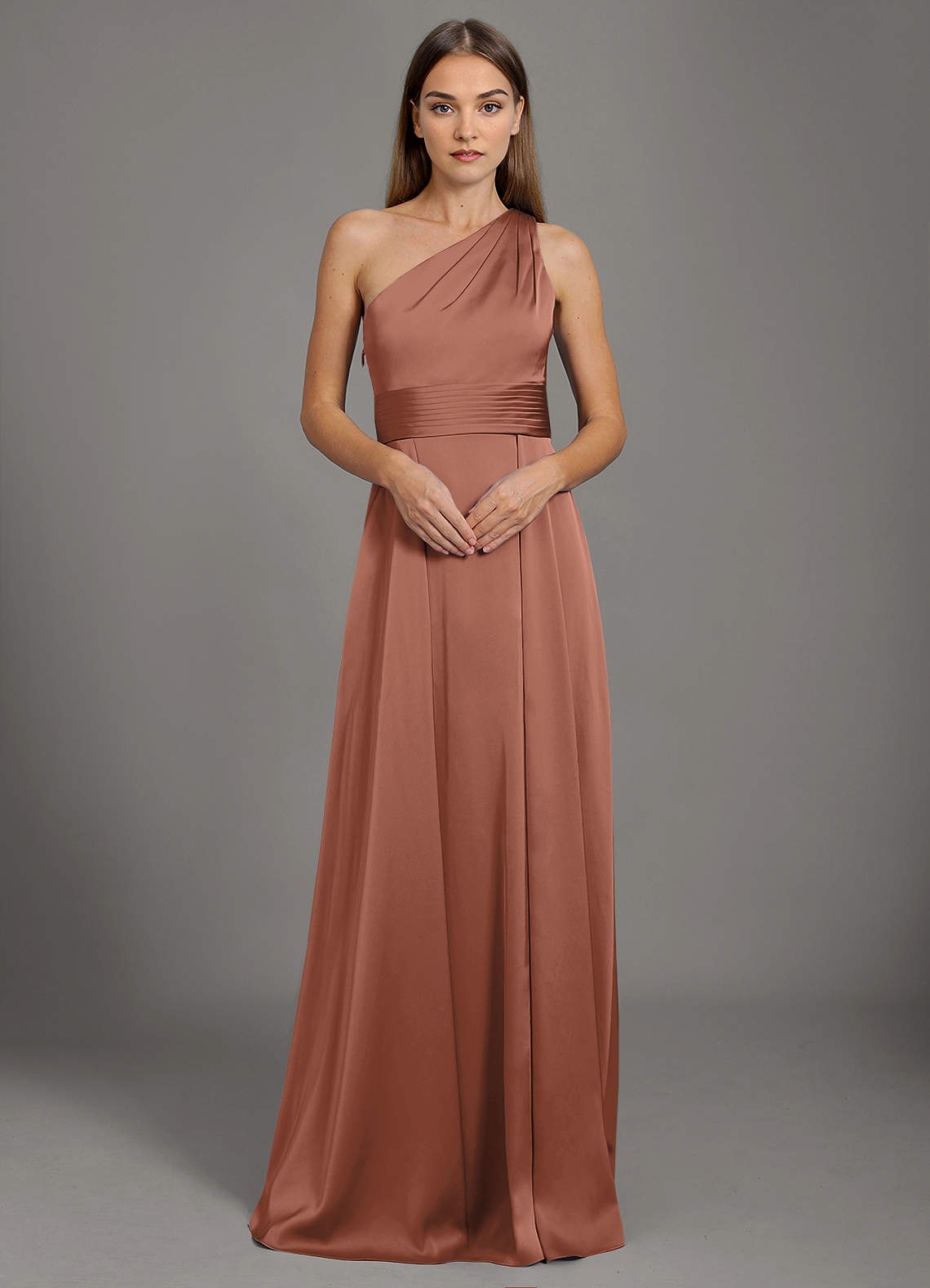 Azazie Dallas Bridesmaid Dresses Bronzer A-Line One Shoulder Stretch Satin Dress image1