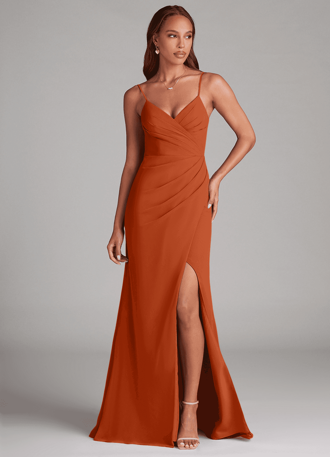 Azazie Maci Bridesmaid Dresses Burnt Orange Sheath Pleated Chiffon Dress image1
