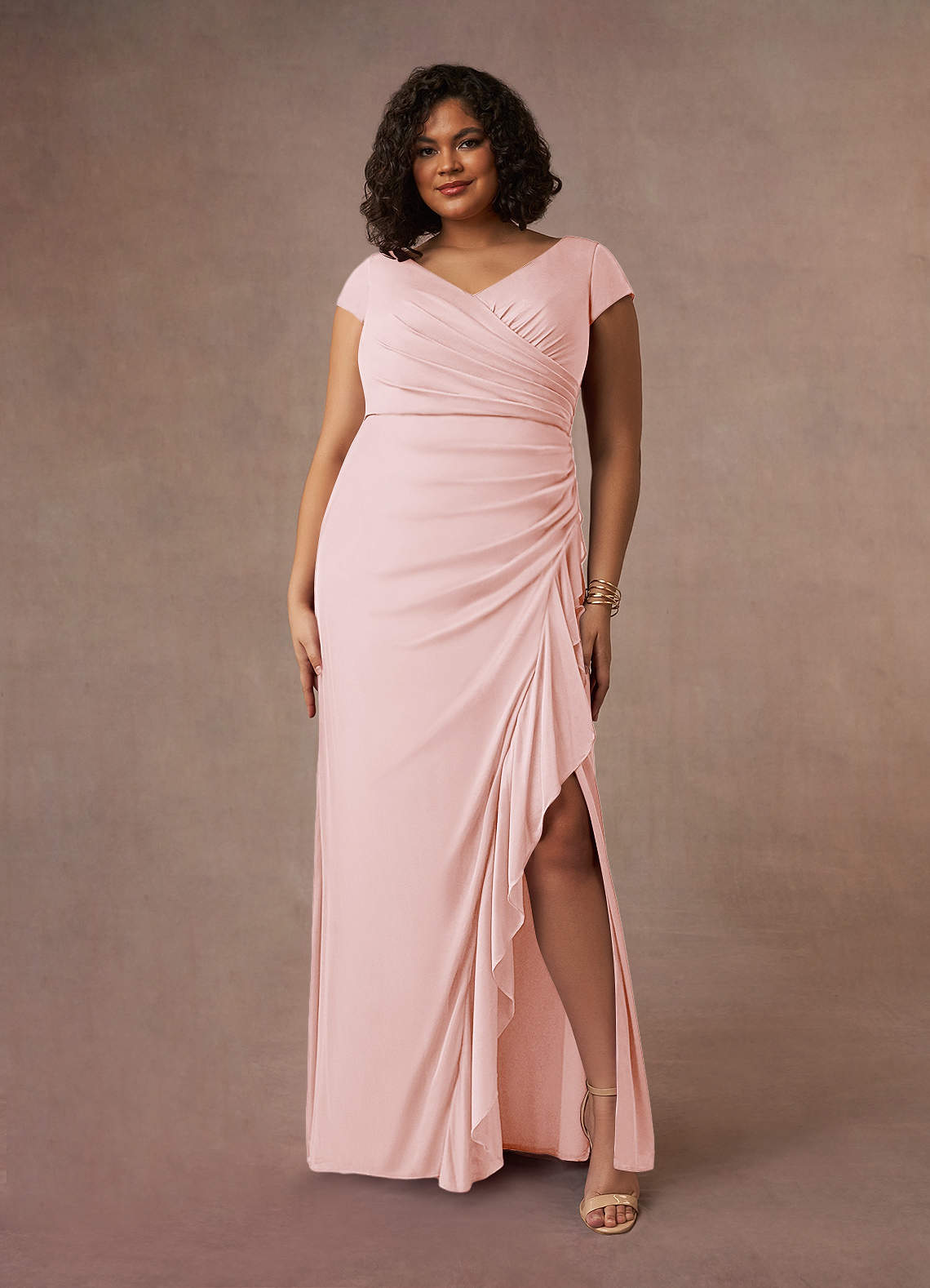 Azazie Roya Mother of the Bride Dresses Blushing Pink Mermaid V-Neck Pleated Mesh Dress image6