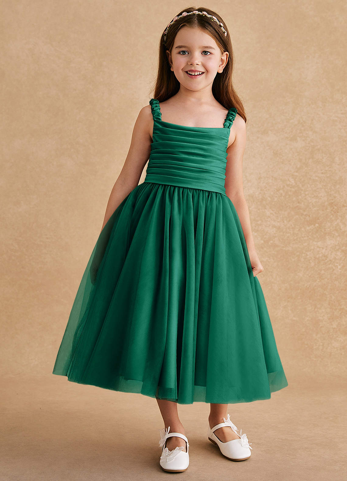 Azazie Gabbie Flower Girl Dresses Emerald A-Line Pleated Matte Satin Dress image1