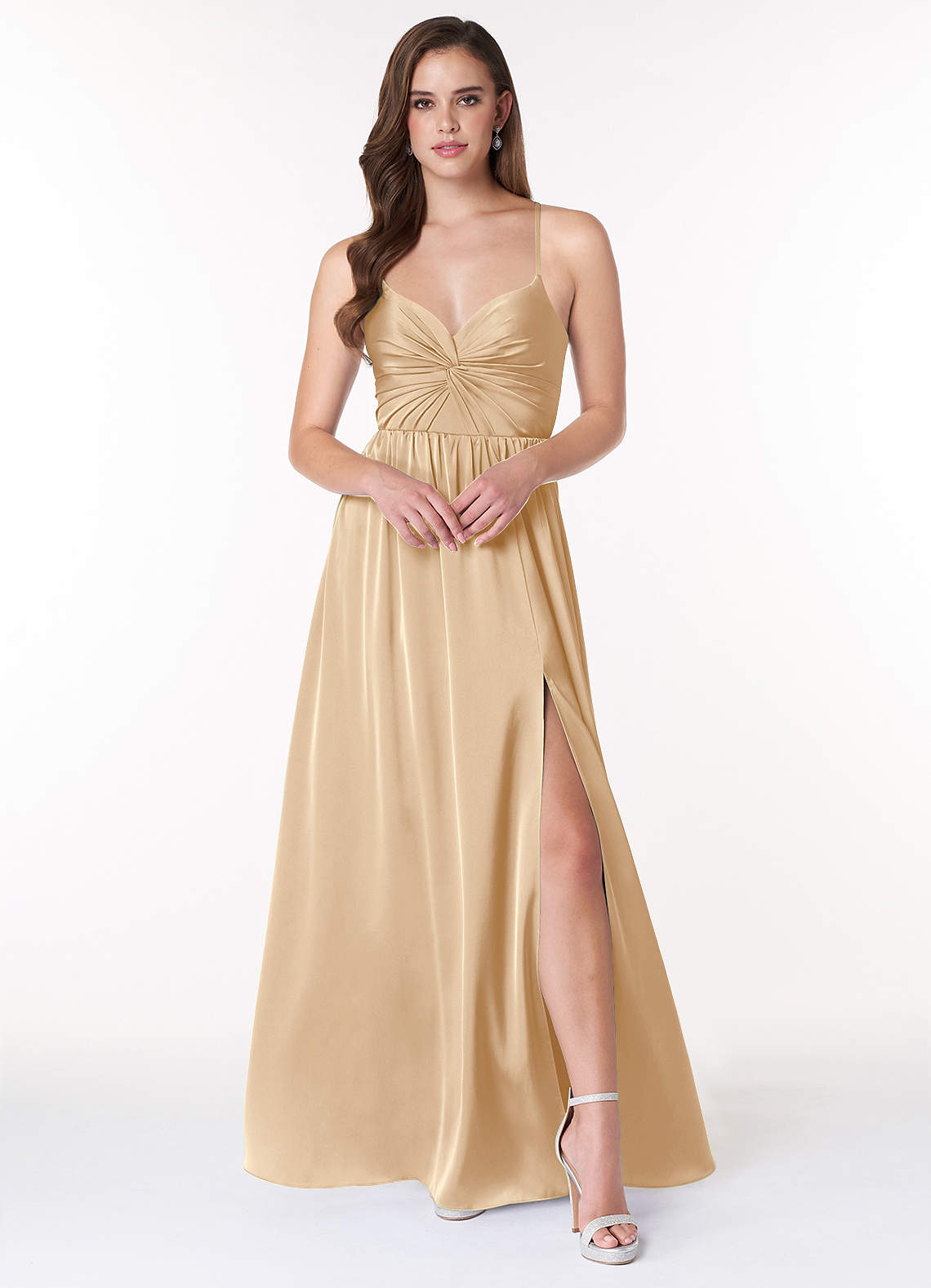 Azazie Raya Bridesmaid Dresses Champagne A-Line V-Neck Pleated Stretch Satin Dress image1