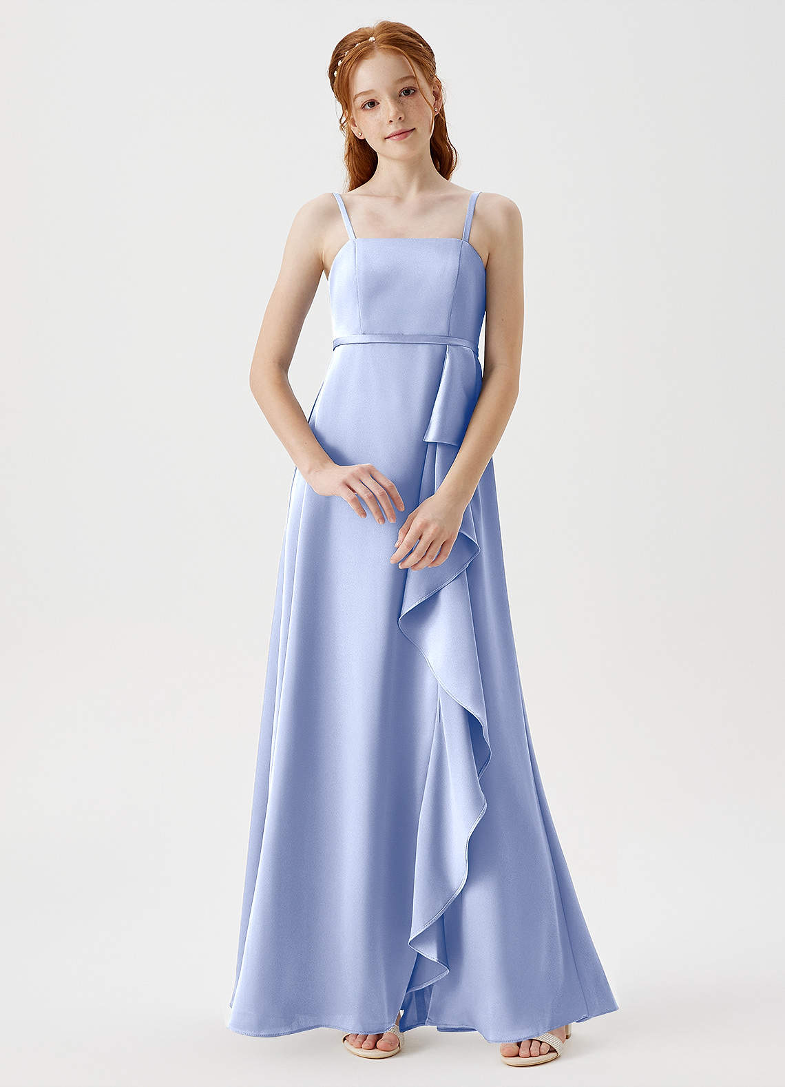 Azazie Kaylee Junior Robe Trapèze en Satin extensible avec ceinture Eis image1