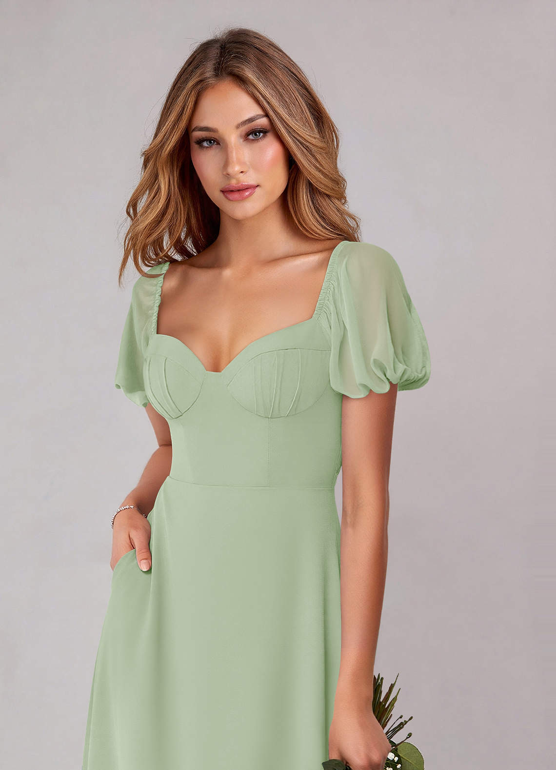 Azazie Fatima Bridesmaid Dresses Dusty Sage A-Line with Pockets Chiffon Dress image5