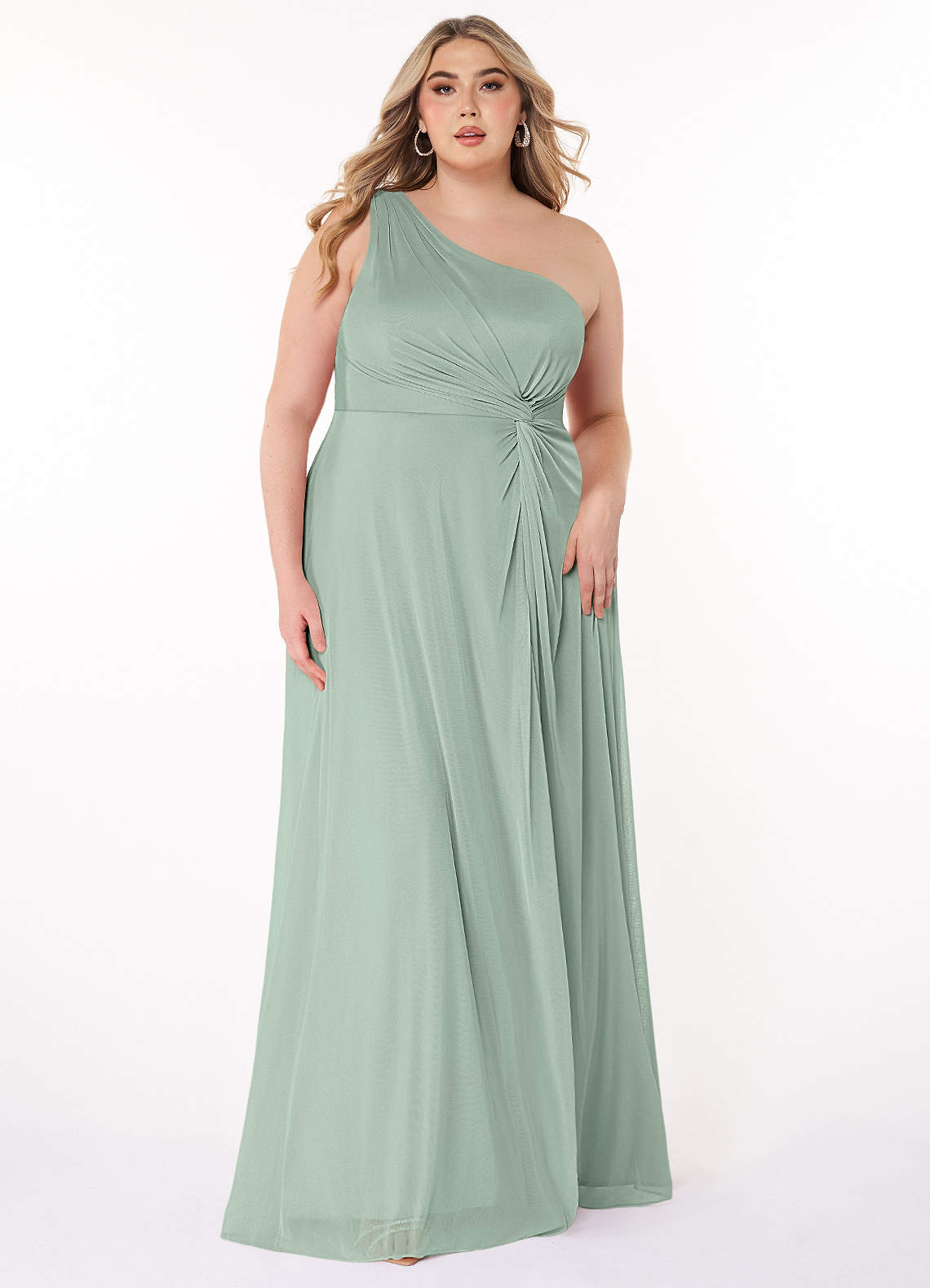 Azazie Brooke Bridesmaid Dresses Agave A-Line One Shoulder Mesh Dress image1